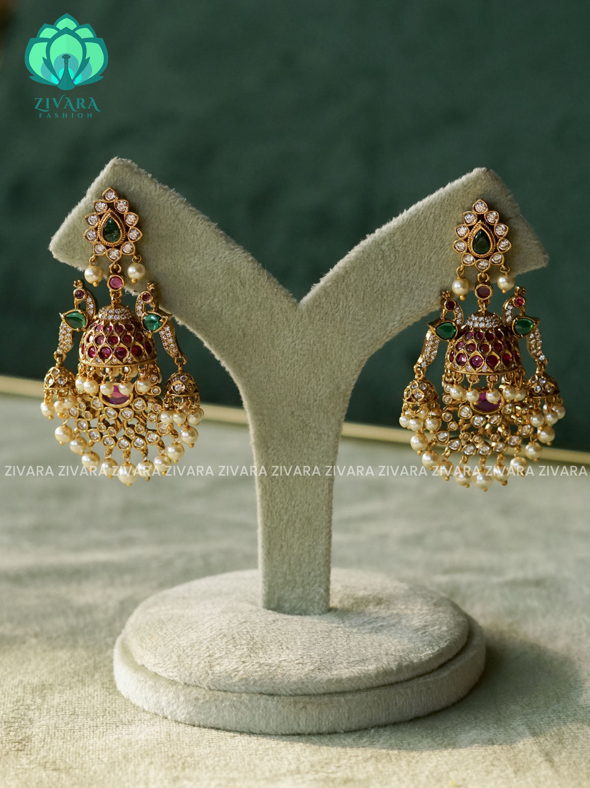 DIYA-  RUBY GREEN PEACOCK PEARL JHUMKA BALI -PREMIUM MATTE  polish BALI- latest jewellery collection- zivara fashion (Copy)
