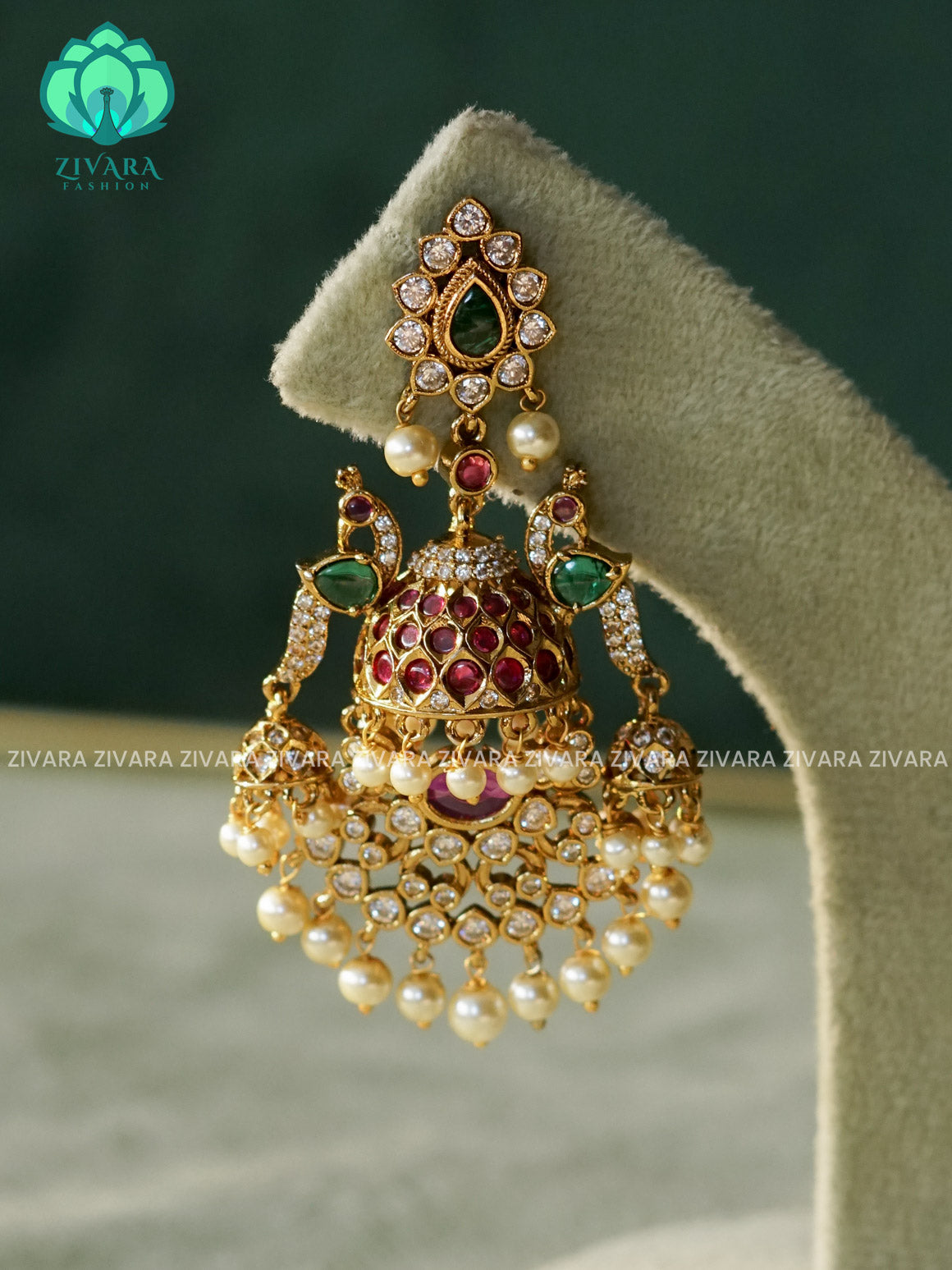 DIYA-  RUBY GREEN PEACOCK PEARL JHUMKA BALI -PREMIUM MATTE  polish BALI- latest jewellery collection- zivara fashion (Copy)