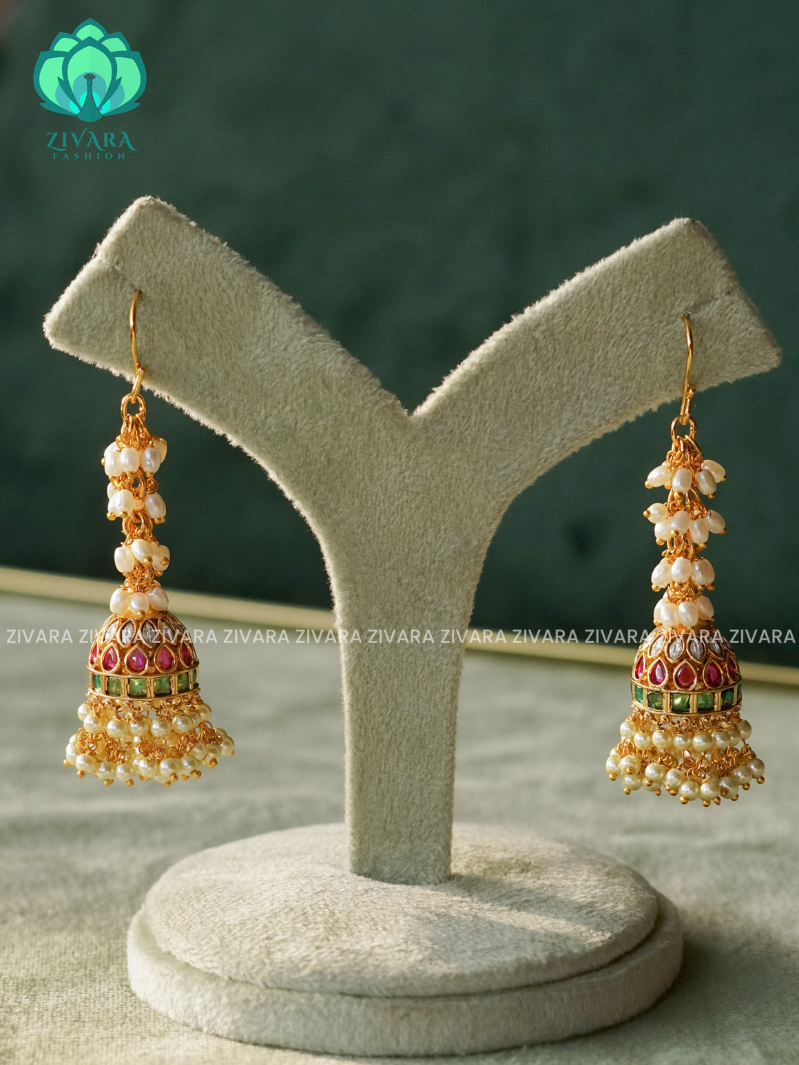 RUBY  AND GREEN stone hook type  WITH PEARL HANGINGS- TRADITIONAL PREMIUM MATTE  polish JHUMKA- latest jewellery collection- zivara fashion