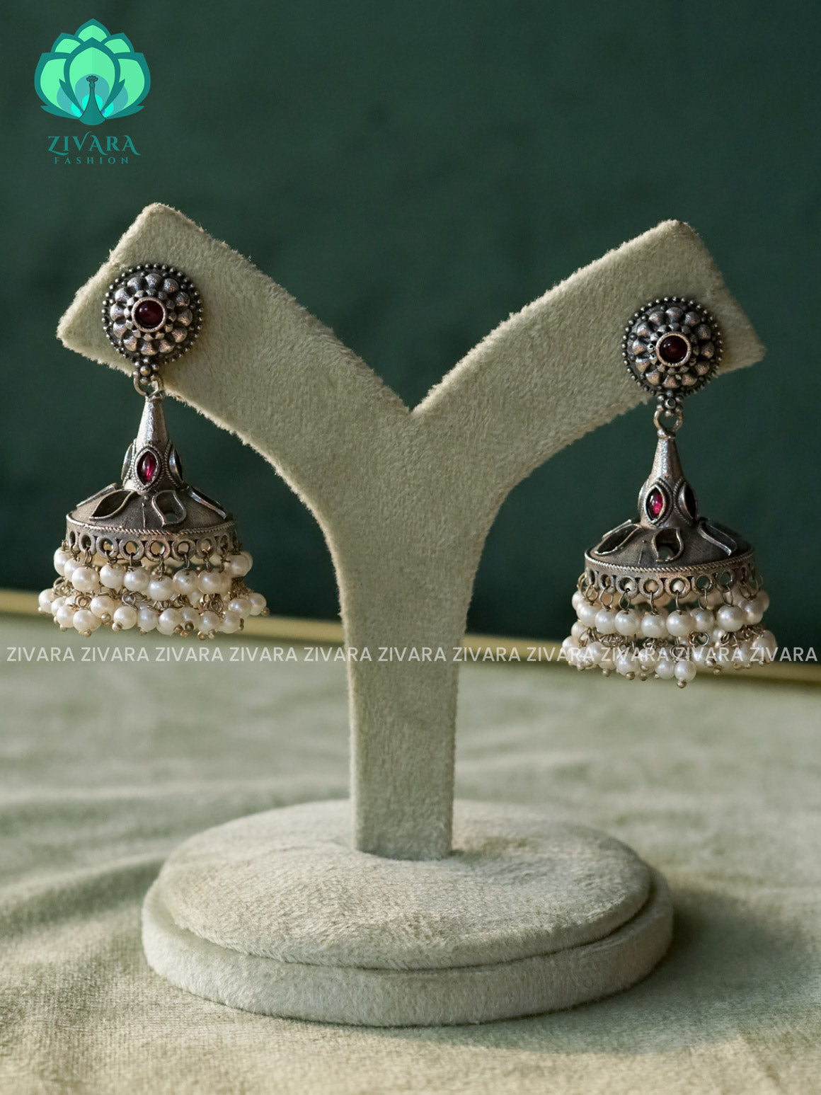 RUBY STONE SILVER OXIDISED JHUMKA WITH PEARL HANGINGS  - LATEST TRENDING COLLECTION - ZIVARA FASHION