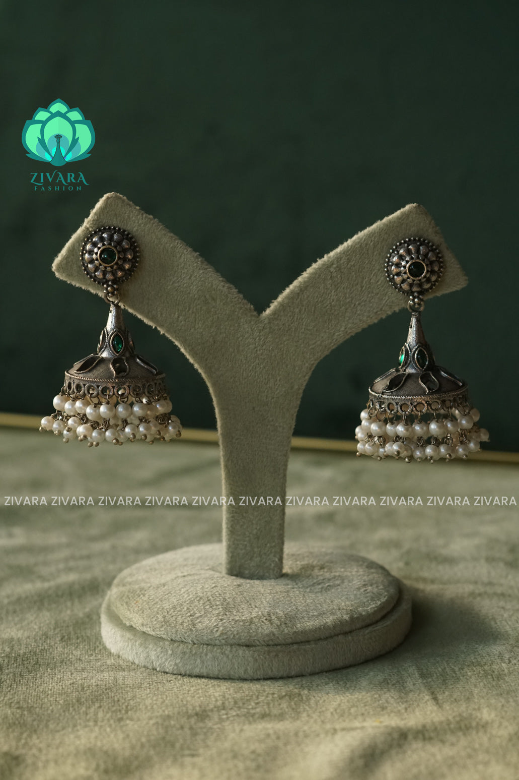 GREEN  STONE SILVER OXIDISED JHUMKA WITH PEARL HANGINGS  - LATEST TRENDING COLLECTION - ZIVARA FASHION