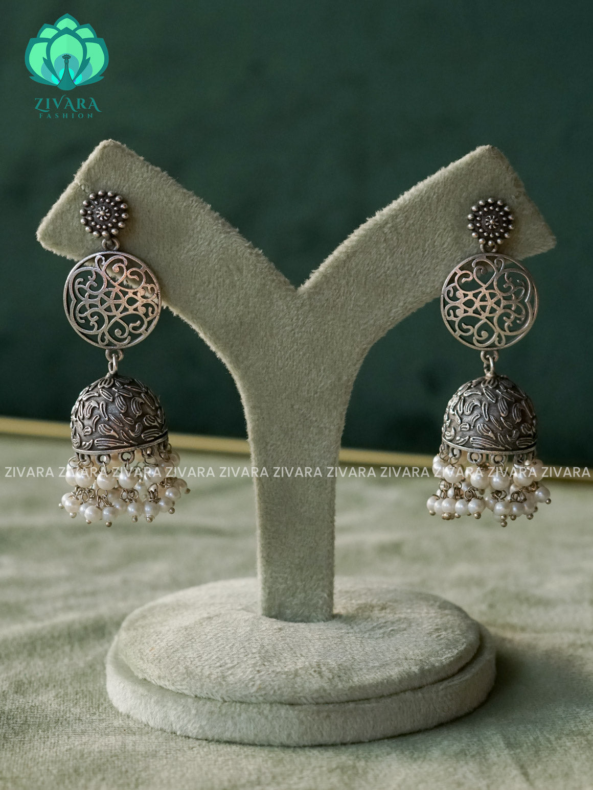 SILVER OXIDISED JHUMKA WITH PEARL HANGINGS  - LATEST TRENDING COLLECTION - ZIVARA FASHION