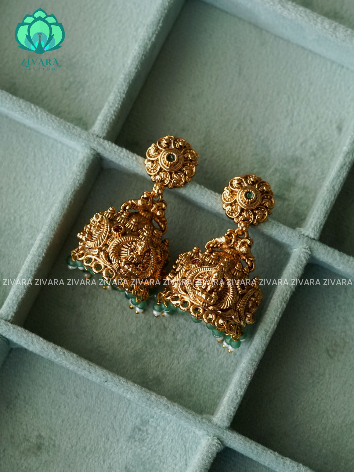 TEMPLE PEACOCK JADAU LOOK ALIKE JHUMKA WITH GREEN BEADS HANGINGS - TRADITIONAL PREMIUM MATTE  polish JHUMKA- latest jewellery collection- zivara fashion
