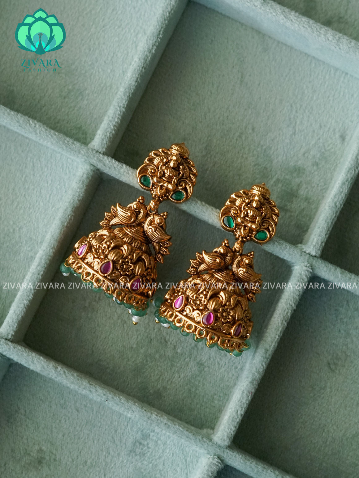 TEMPLE PEACOCK JADAU LOOK ALIKE JHUMKA WITH GREEN BEADS HANGINGS - TRADITIONAL PREMIUM MATTE  polish JHUMKA- latest jewellery collection- zivara fashion
