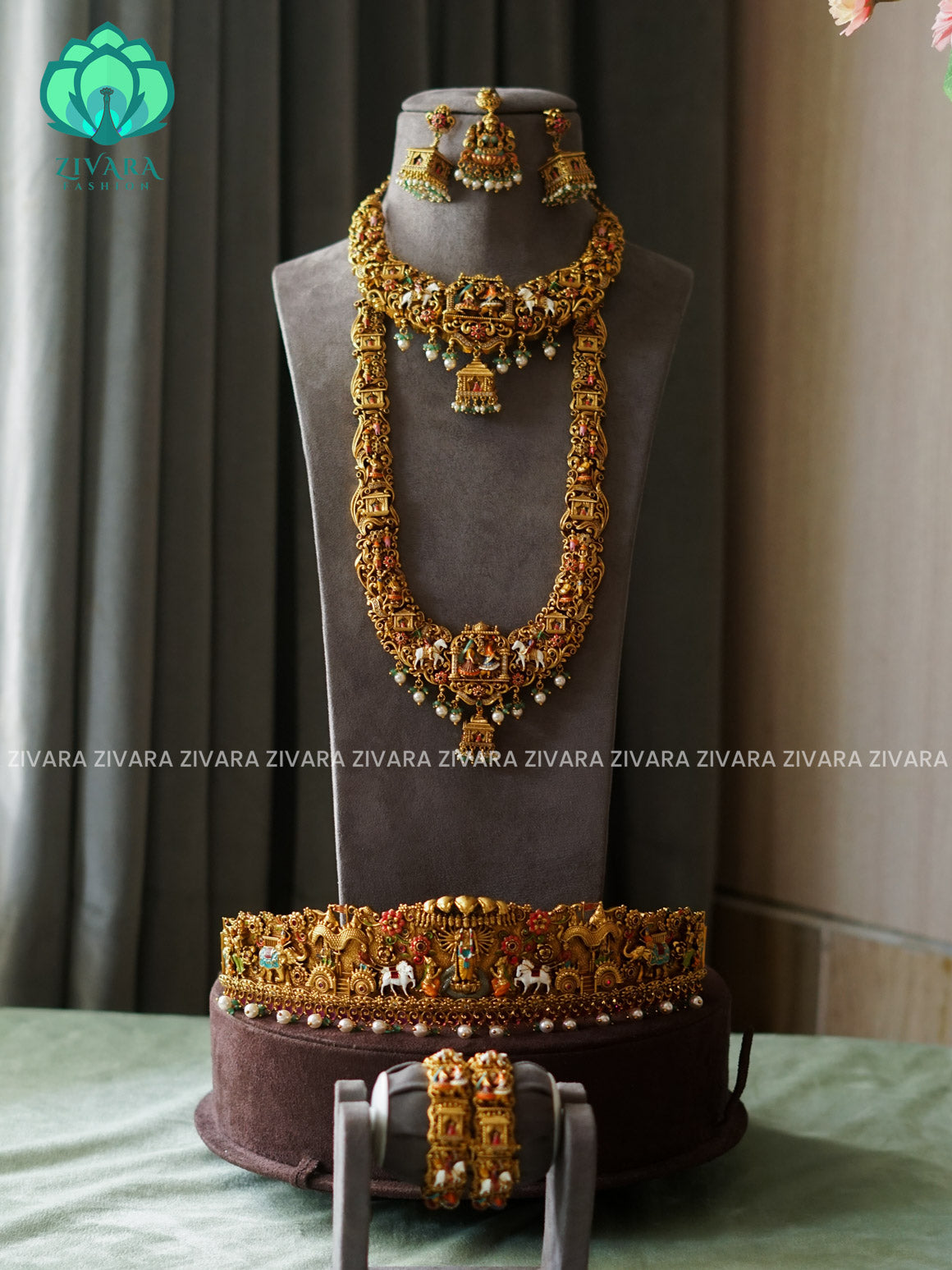 MADHURYA -  GRAND BRIDAL VINTAGE FINISH  PELLIKUTHURU BRIDAL  SET handpainted - Traditional south indian premium neckwear with earrings- Zivara Fashion
