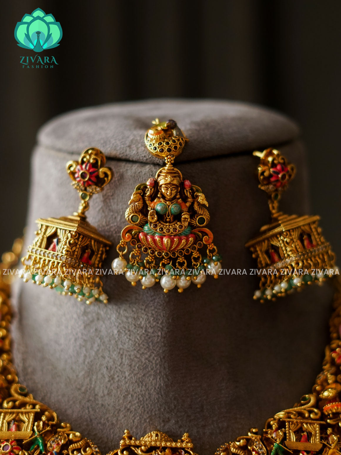 MADHURYA -  GRAND BRIDAL VINTAGE FINISH  PELLIKUTHURU BRIDAL  SET handpainted - Traditional south indian premium neckwear with earrings- Zivara Fashion