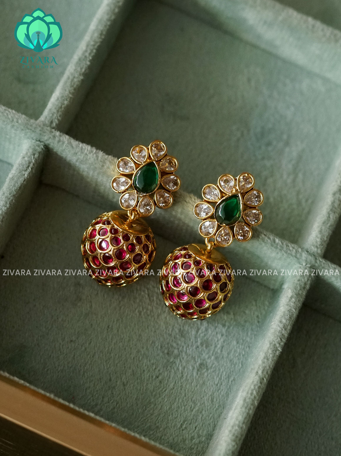 TRENDING RUBY GREEN STONE ball JHUMKA- Bridal PREMIUM MATTE  polish JHUMKA- latest jewellery collection- zivara fashion