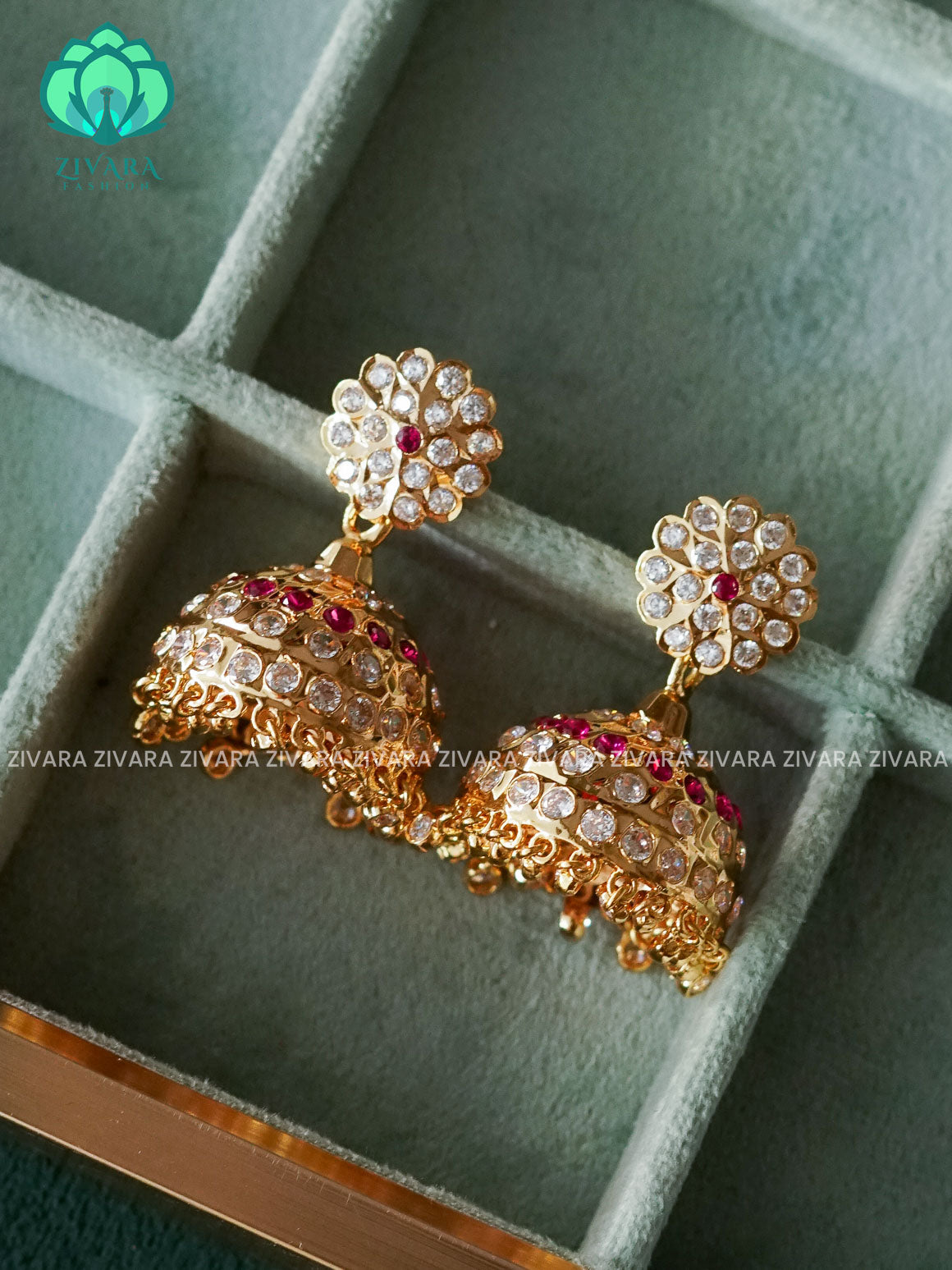 AMBIGAI - WHITE RUBY STONE MICROGOLD POLISH JHUMKAS - Zivara Fashion- latest jewellery design