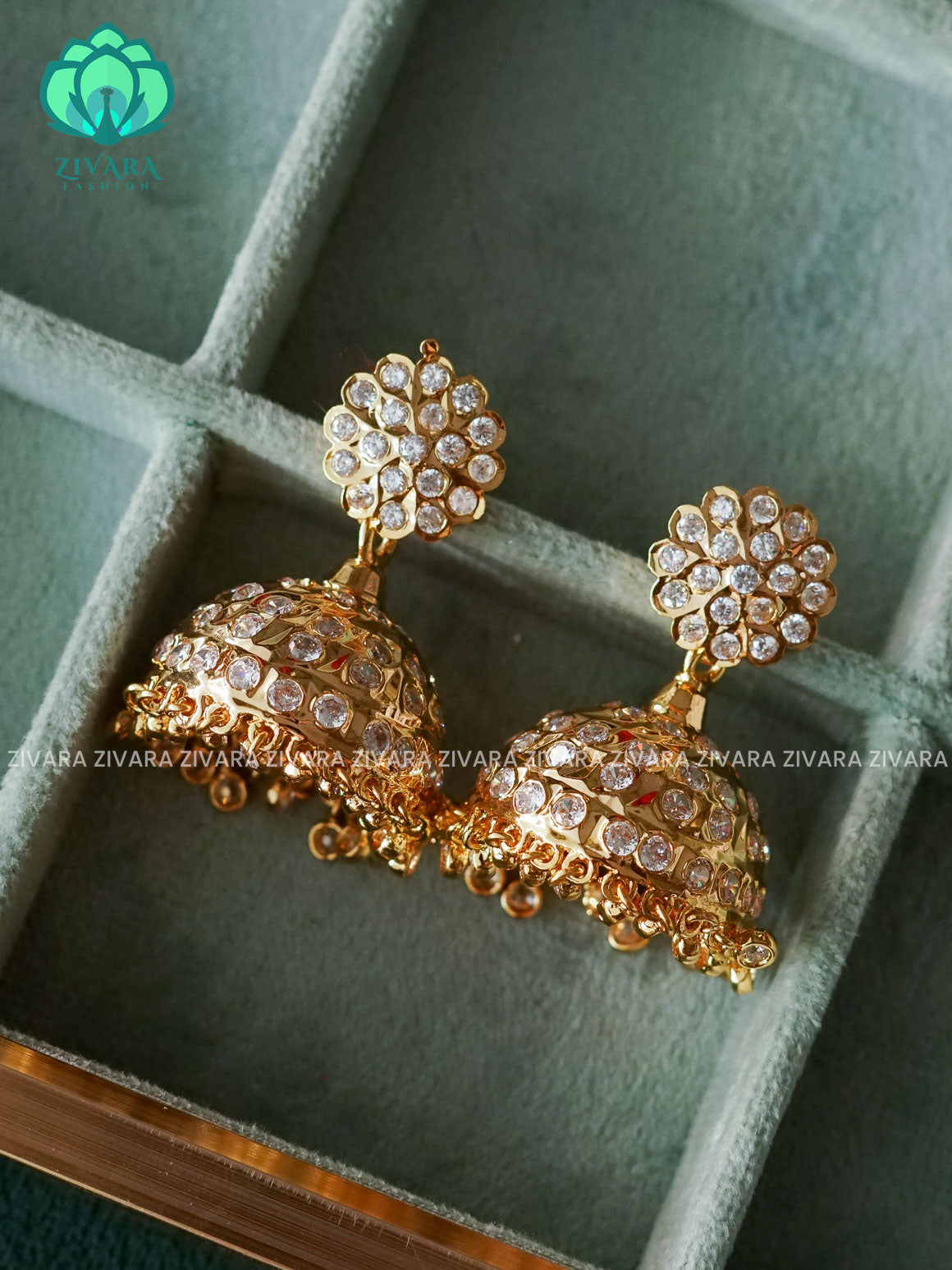 AMBIGAI - WHITE STONE MICROGOLD POLISH JHUMKAS - Zivara Fashion- latest jewellery design