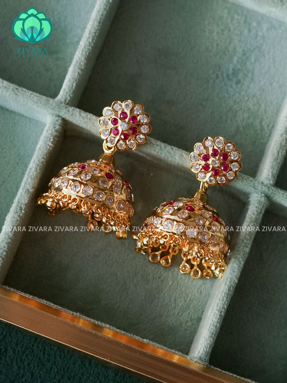 AMBIGAI - WHITE RUBY STONE MICROGOLD POLISH JHUMKAS - Zivara Fashion- latest jewellery design