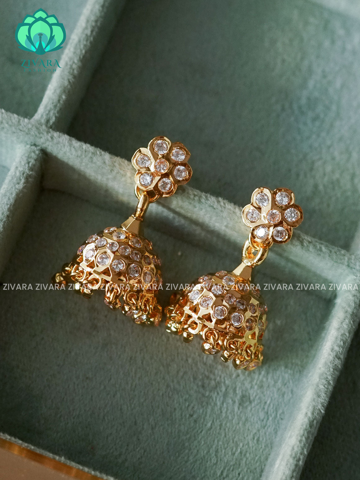 AMBIGAI - WHITE STONE MICROGOLD POLISH JHUMKAS - Zivara Fashion- latest jewellery design