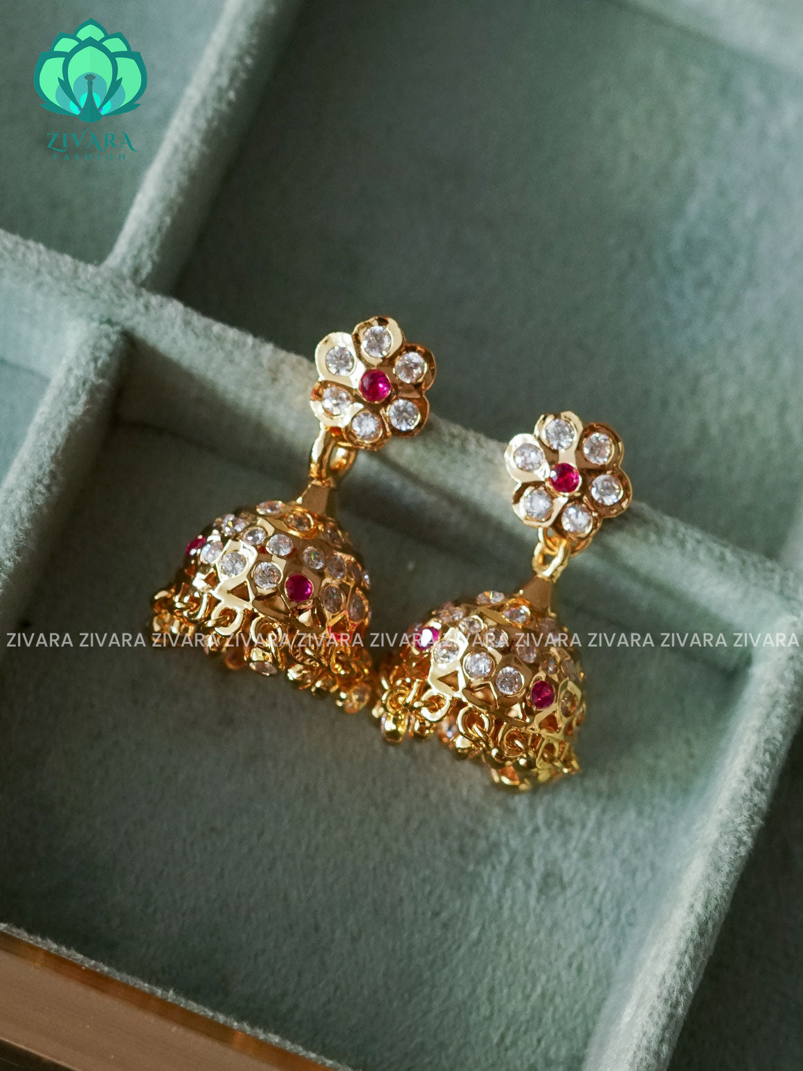 AMBIGAI - WHITE RUBY STONE MICROGOLD POLISH JHUMKAS - Zivara Fashion- latest jewellery design
