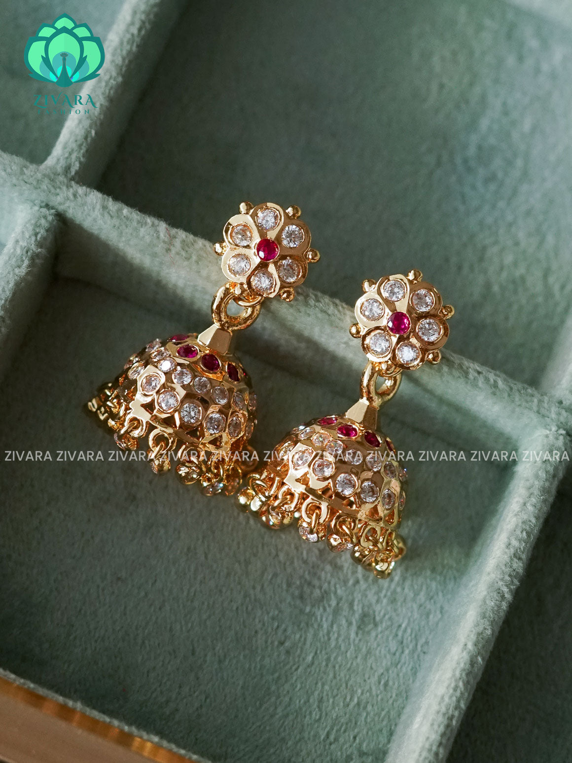 AMBIGAI - WHITE RUBY STONE MICROGOLD POLISH JHUMKAS - Zivara Fashion- latest jewellery design
