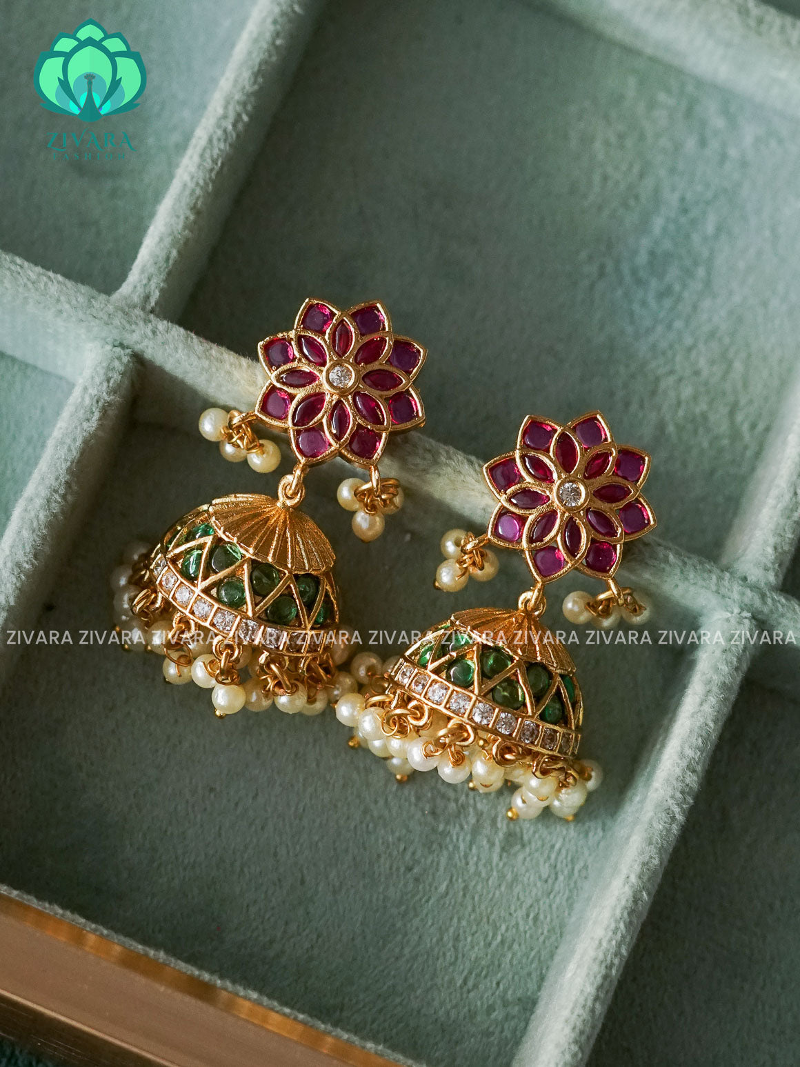 TRENDING RUBY GREEN STONE flower JHUMKA- Bridal PREMIUM MATTE  polish JHUMKA- latest jewellery collection- zivara fashion