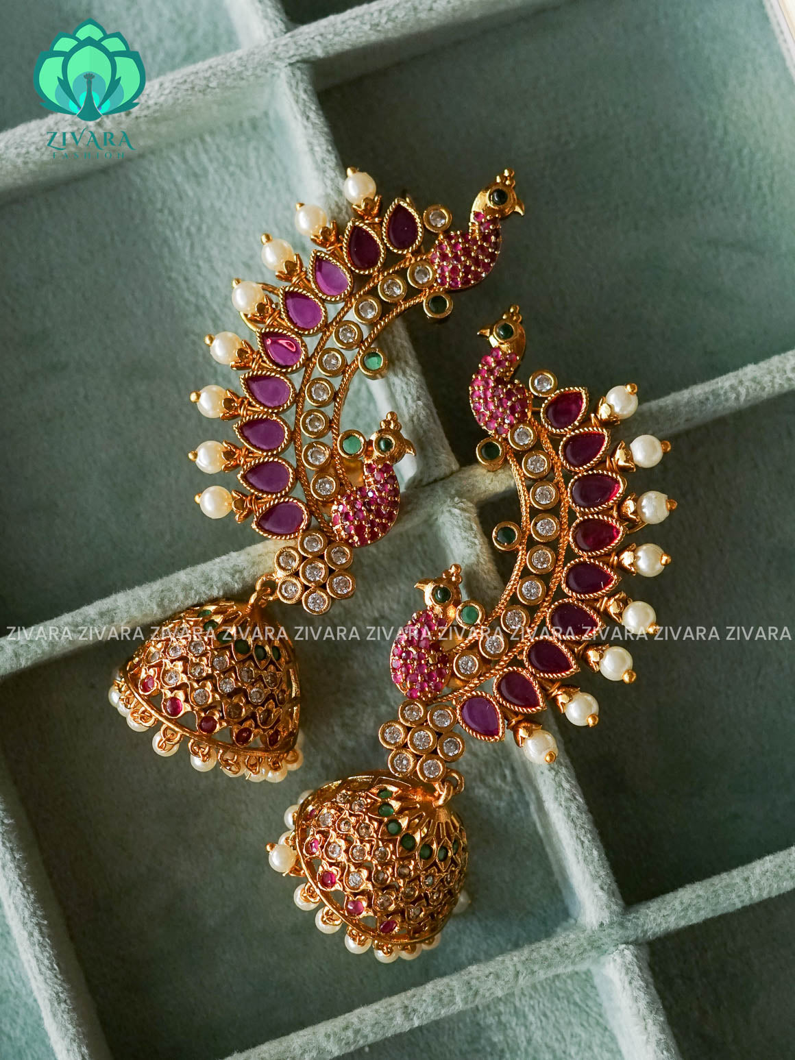 RUBY GREEN REAL KEMP PEACOCK EARCUFF JHUMKA - latest jewellery collection- zivara fashion