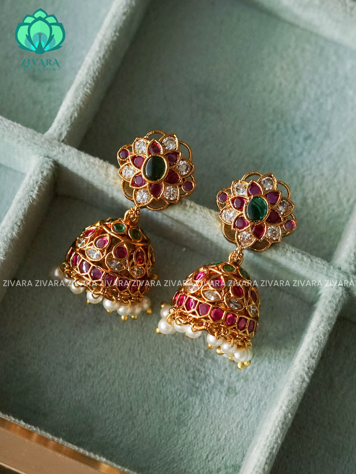 TRENDING RUBY GREEN STONE JHUMKA- Bridal PREMIUM MATTE  polish JHUMKA- latest jewellery collection- zivara fashion