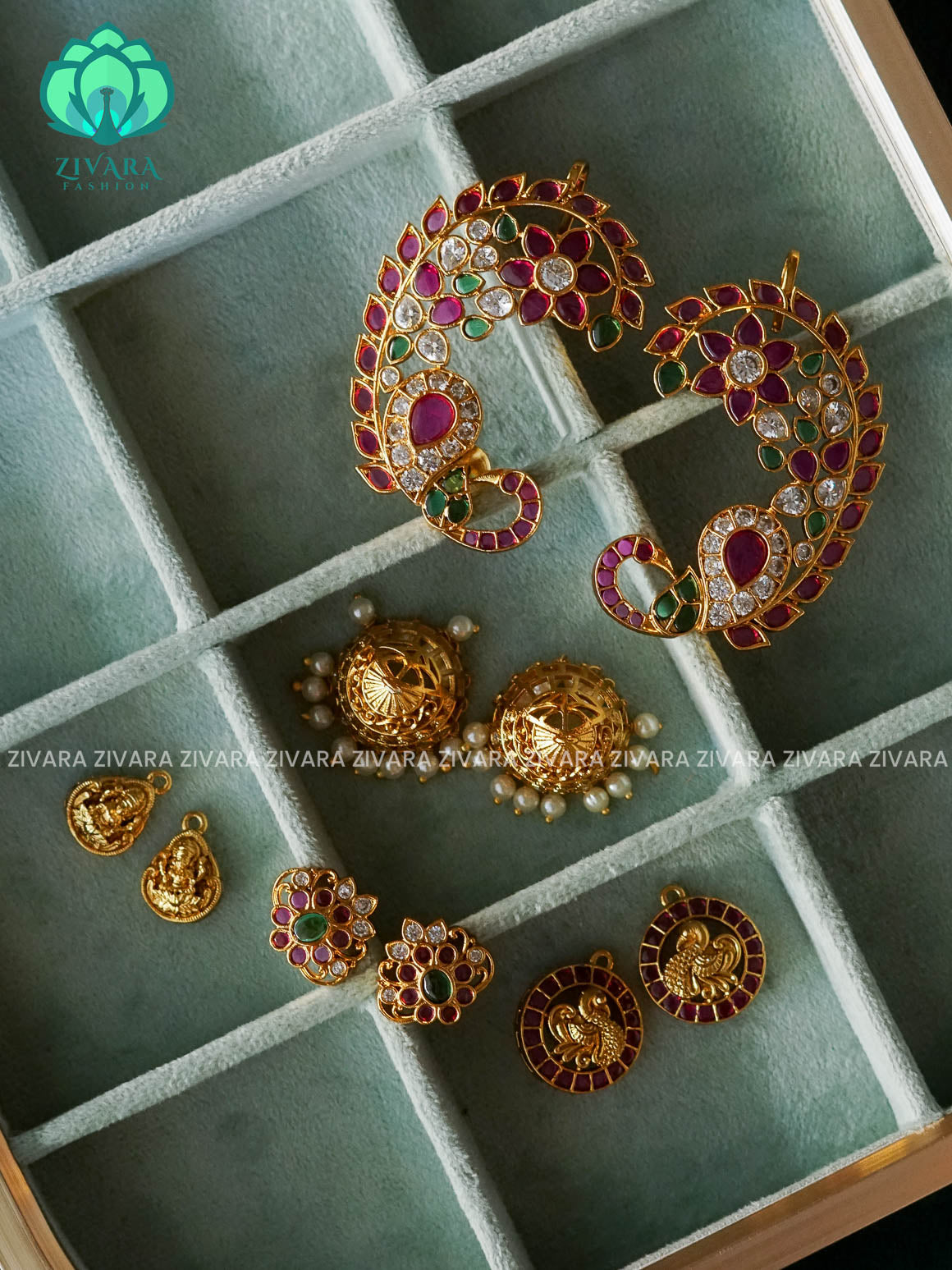 MRUNAL- 18 IN 1 GREEN RUBY REAL KEMP PEACOCK EARCUFF JHUMKA - latest jewellery collection- zivara fashion