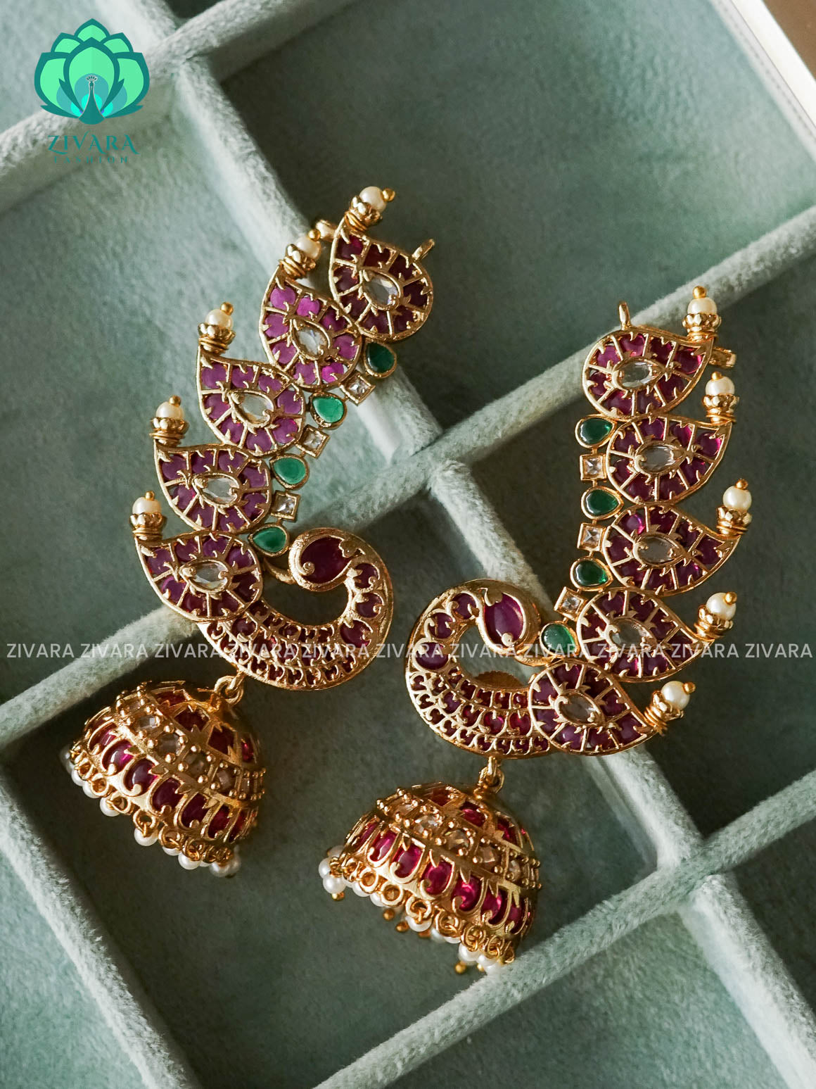RUBY GREEN REAL KEMP PEACOCK EARCUFF JHUMKA - latest jewellery collection- zivara fashion