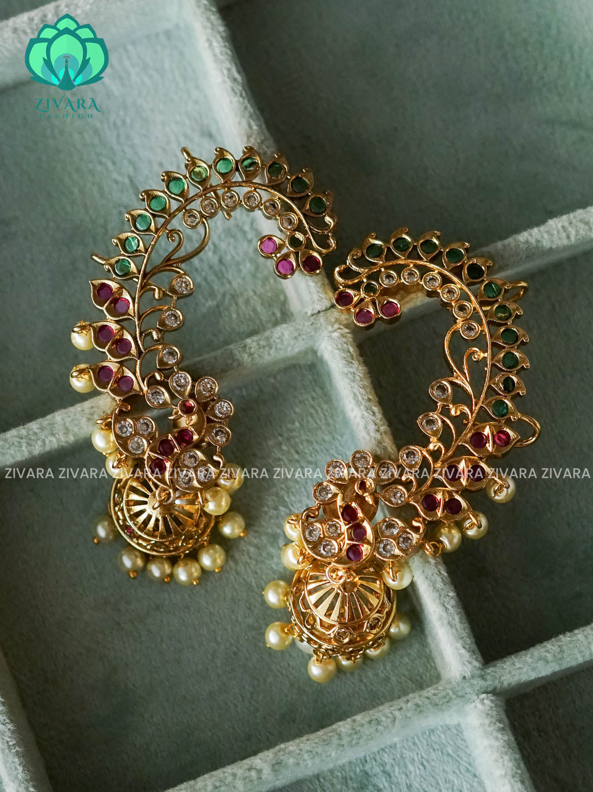 RUBY GREEN  PEACOCK EARCUFF JHUMKA - latest jewellery collection- zivara fashion