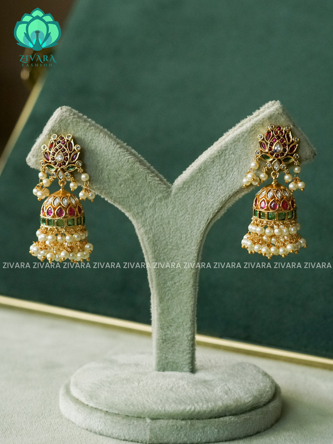 Meena -Latest design Real kemp lotus jhumka - Ruby & Green - TRADITIONAL PREMIUM MATTE polish JHUMKA- latest jewellery collection- zivara fashion