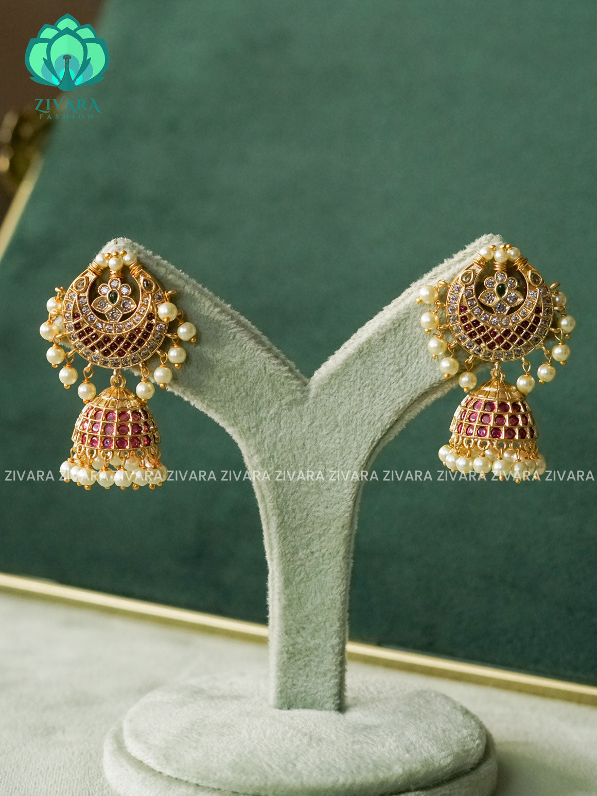 Ruby Green Moon- Bridal PREMIUM MATTE  polish JHUMKA- latest jewellery collection- zivara fashion
