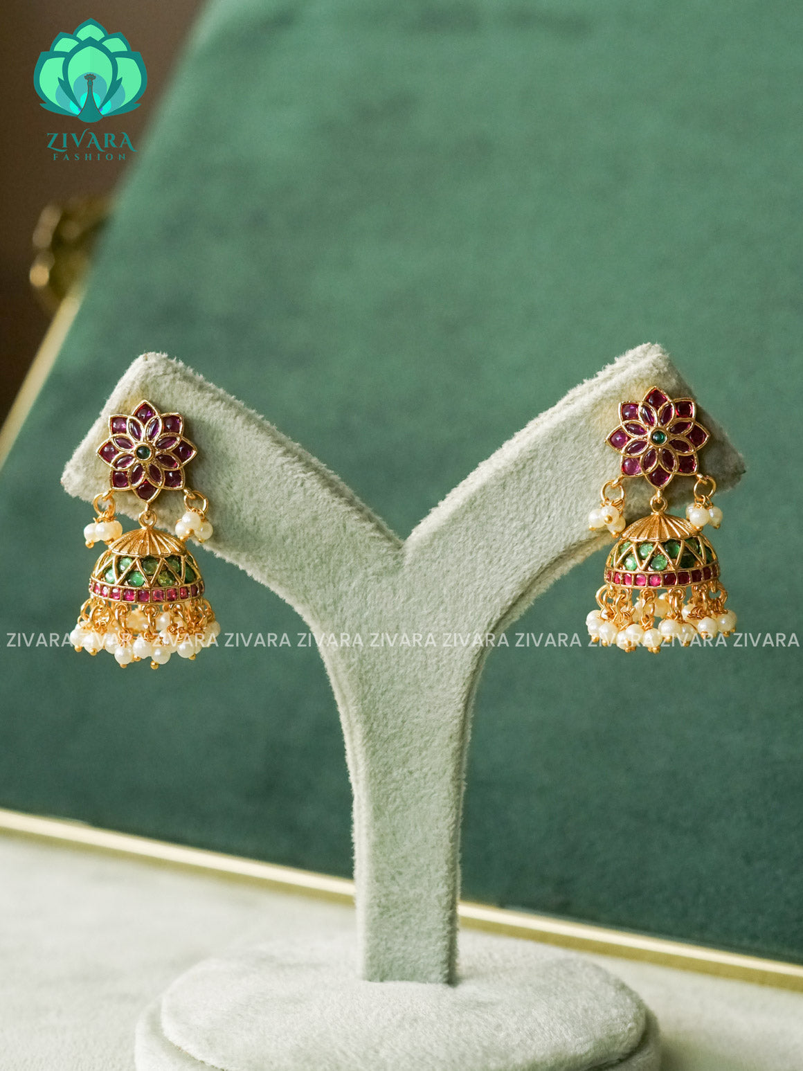 TRENDING RUBY GREEN STONE flower JHUMKA- Bridal PREMIUM MATTE  polish JHUMKA- latest jewellery collection- zivara fashion