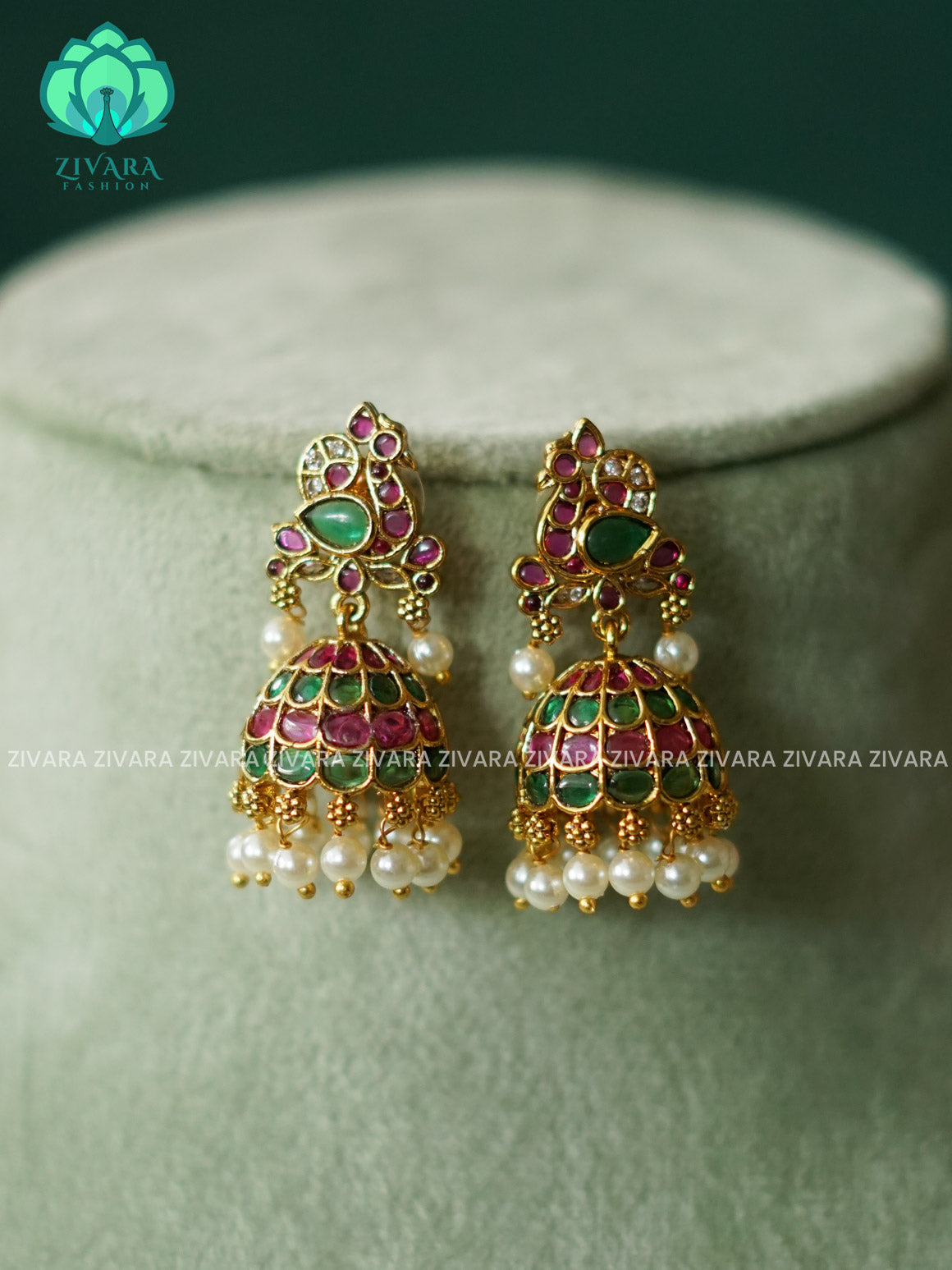 DIYA - REAL KEMP medium size PEACOCK JHUMKA - TRADITIONAL PREMIUM MATTE  polish JHUMKA- latest jewellery collection- zivara fashion