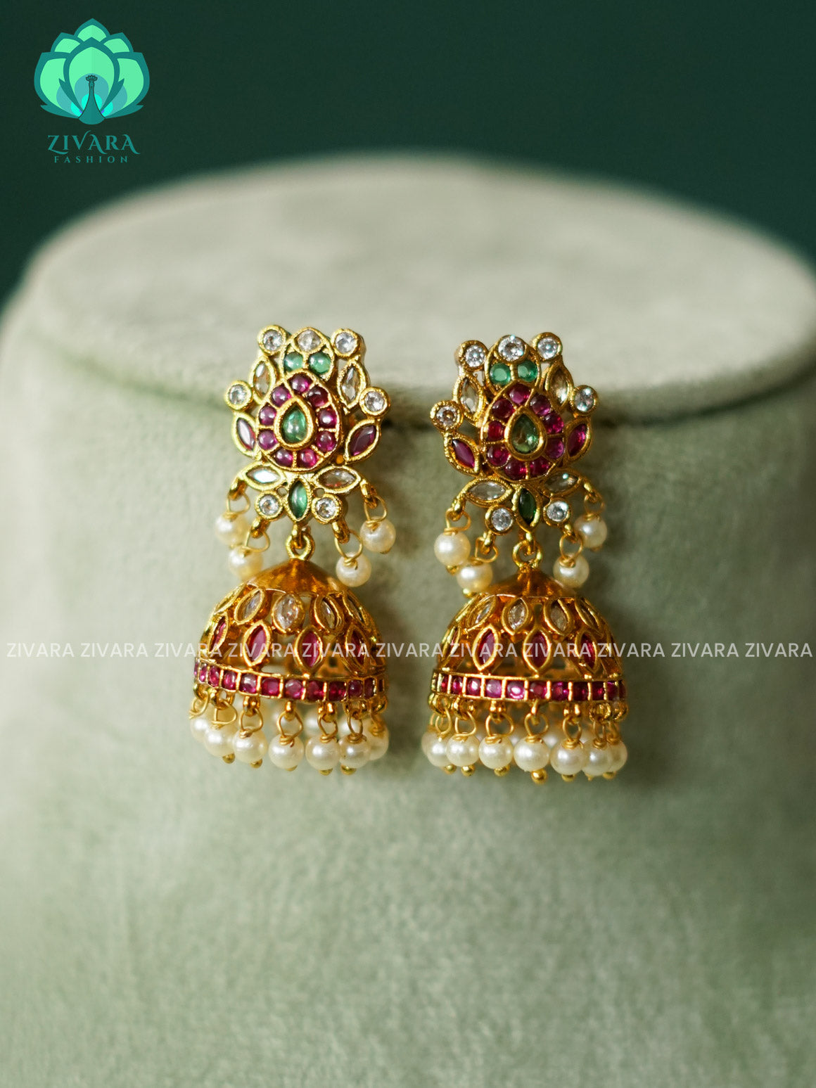 DIYA - REAL KEMP LOTUS JHUMKA - TRADITIONAL PREMIUM MATTE  polish JHUMKA- latest jewellery collection- zivara fashion