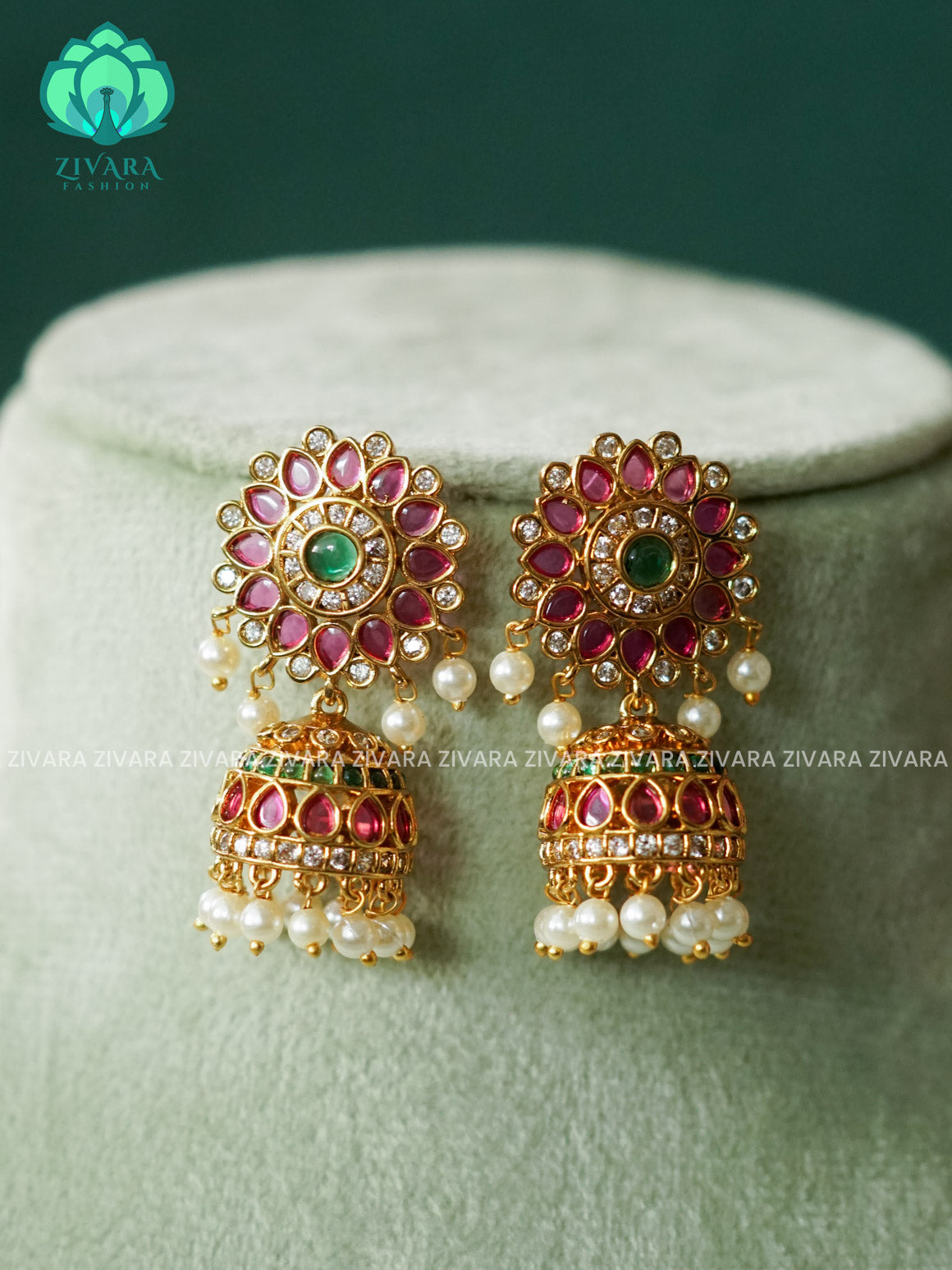 RUBY GREEN STONE flower JHUMKA- Bridal PREMIUM MATTE  polish JHUMKA- latest jewellery collection- zivara fashion