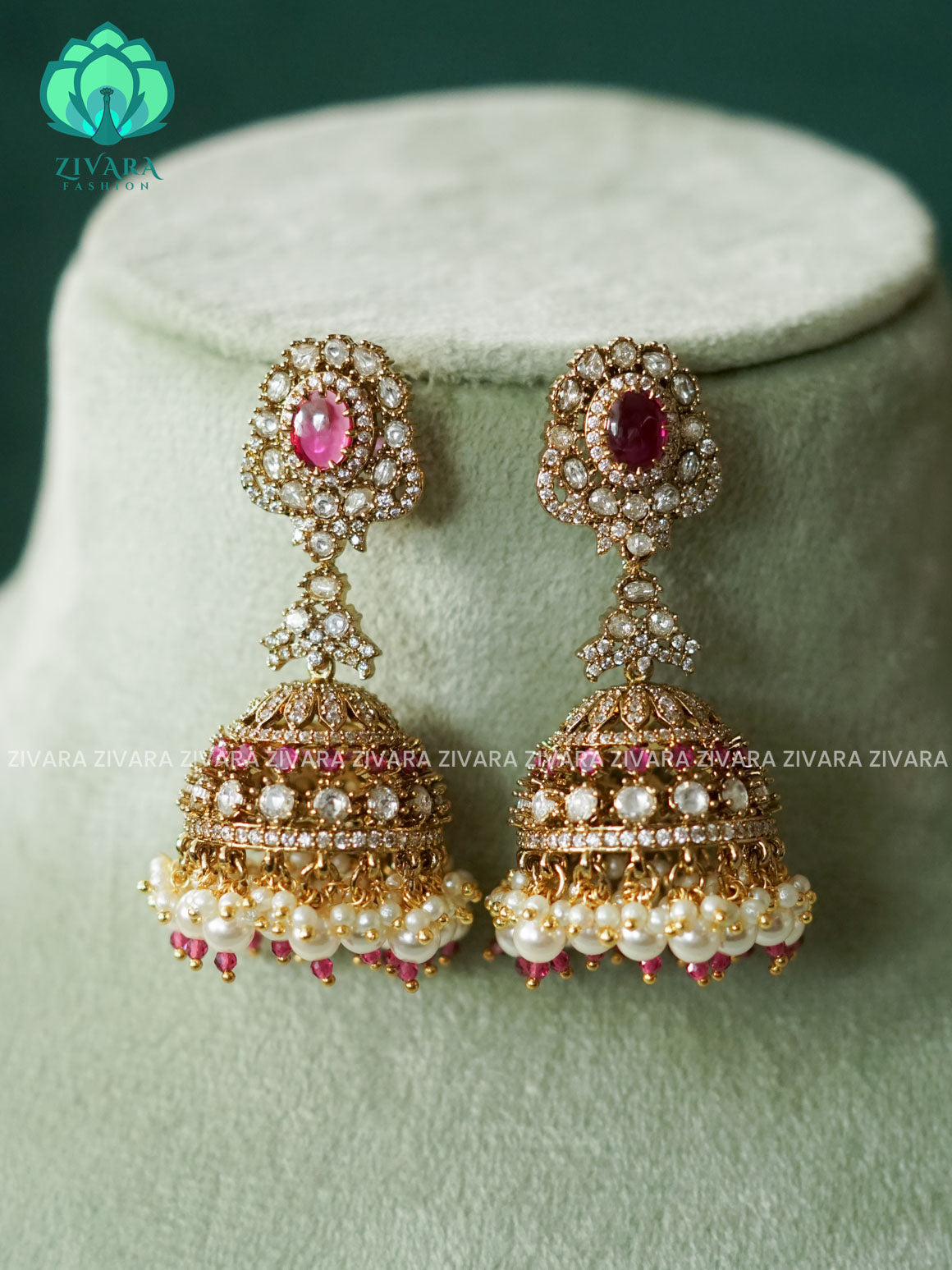 RUBY WHITE AD STONE BRIDAL JHUMKA - latest trending collection - ZIVARA FASHION