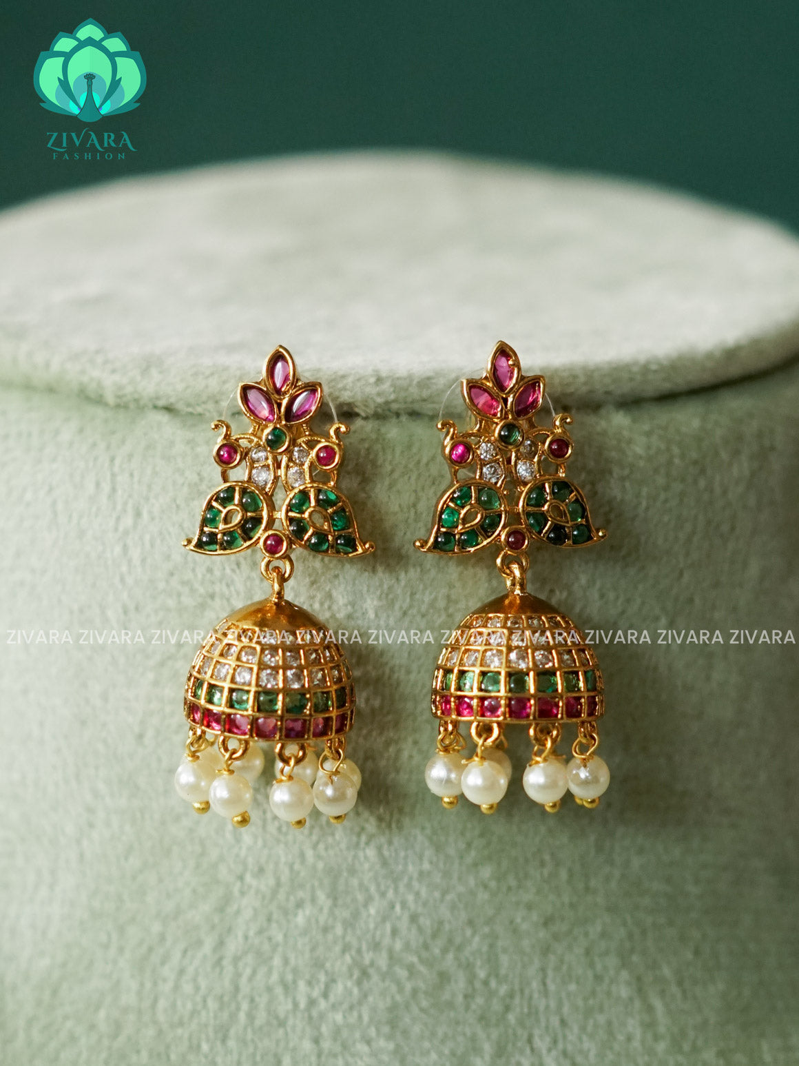 DIYA - REAL KEMP medium size PEACOCK JHUMKA - TRADITIONAL PREMIUM MATTE  polish JHUMKA- latest jewellery collection- zivara fashion