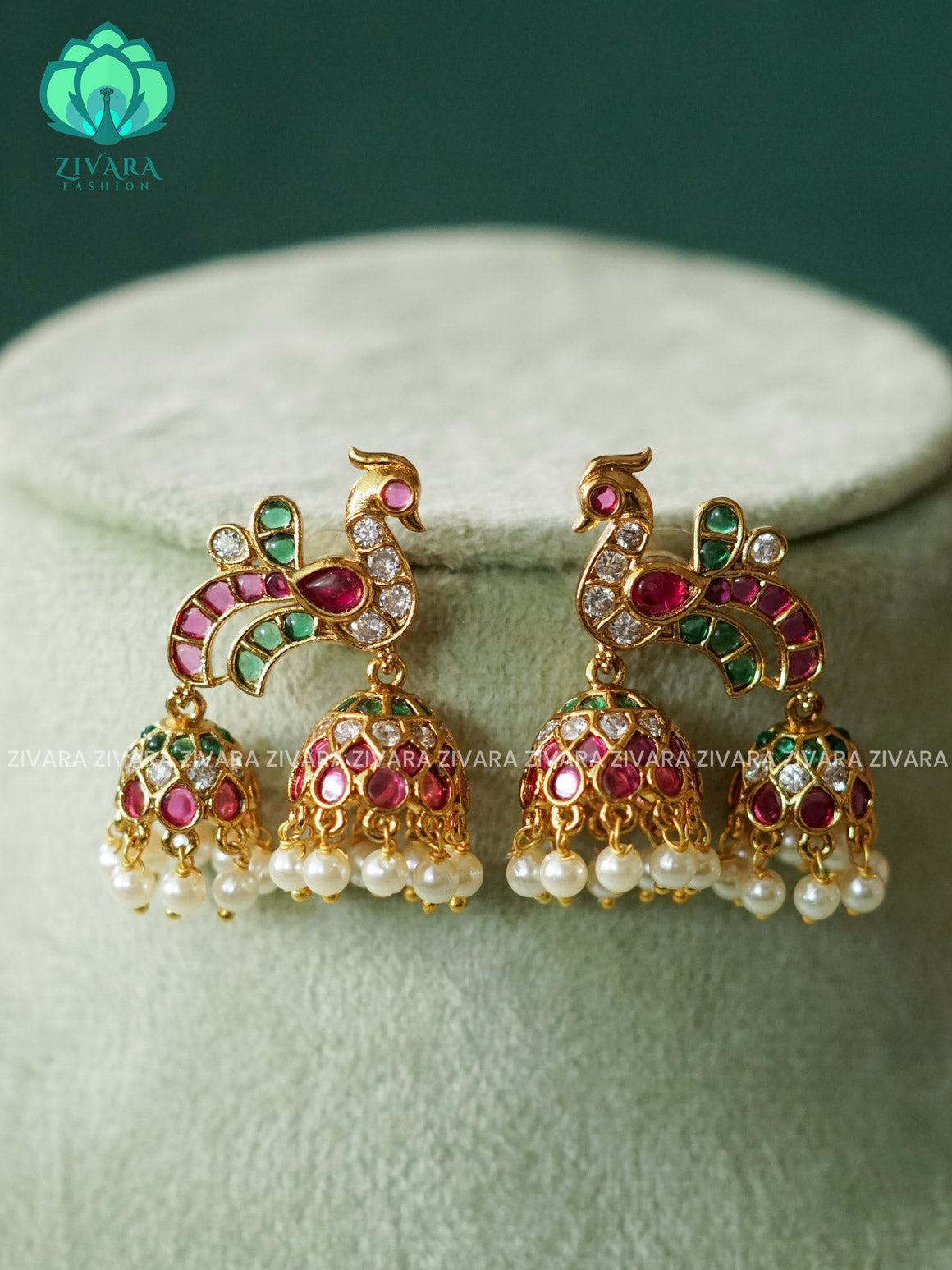 RUBY GREEN STONE PEACOCK JHUMKA- Bridal PREMIUM MATTE  polish JHUMKA- latest jewellery collection- zivara fashion