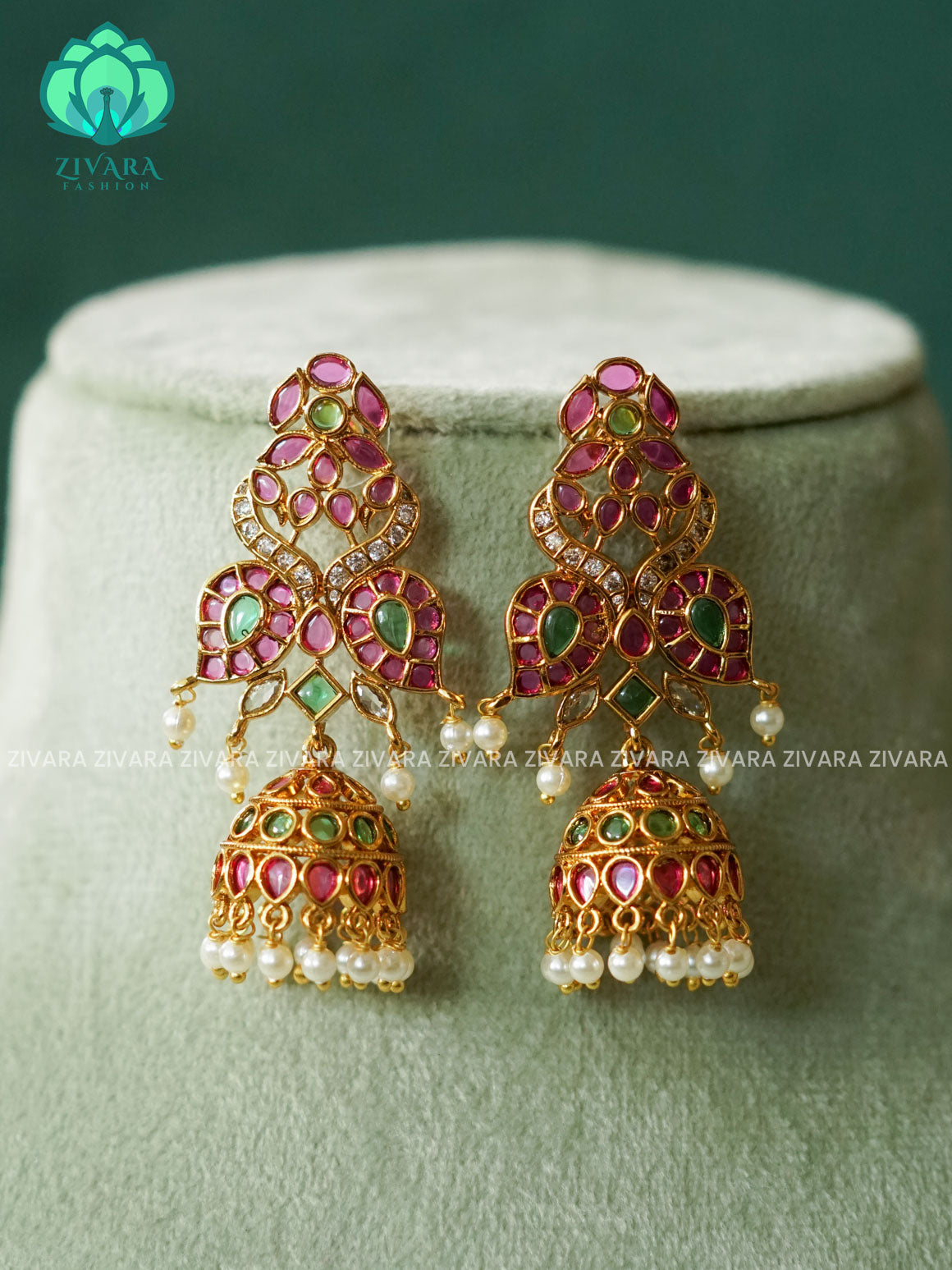 DIYA - REAL KEMP PEACOCK JHUMKA - TRADITIONAL PREMIUM MATTE  polish JHUMKA- latest jewellery collection- zivara fashion