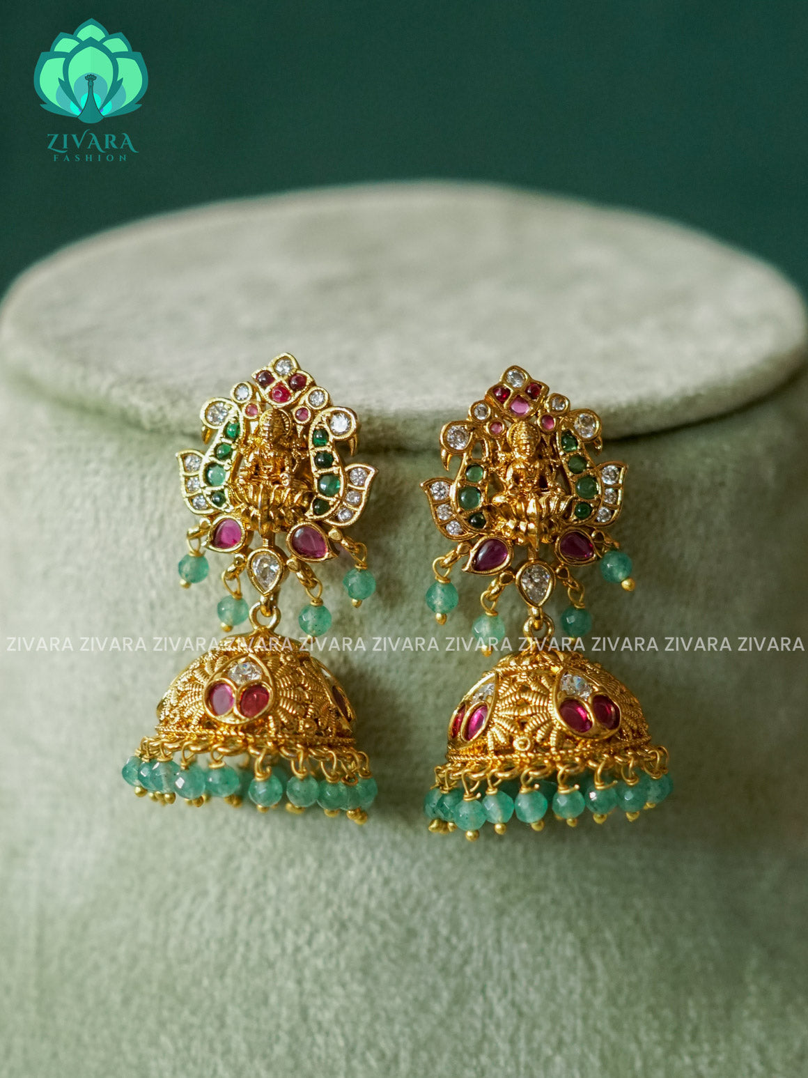 DIYA - TEMPLE JHUMKA WITH GREEN BEADS  - TRADITIONAL PREMIUM MATTE  polish JHUMKA- latest jewellery collection- zivara fashion