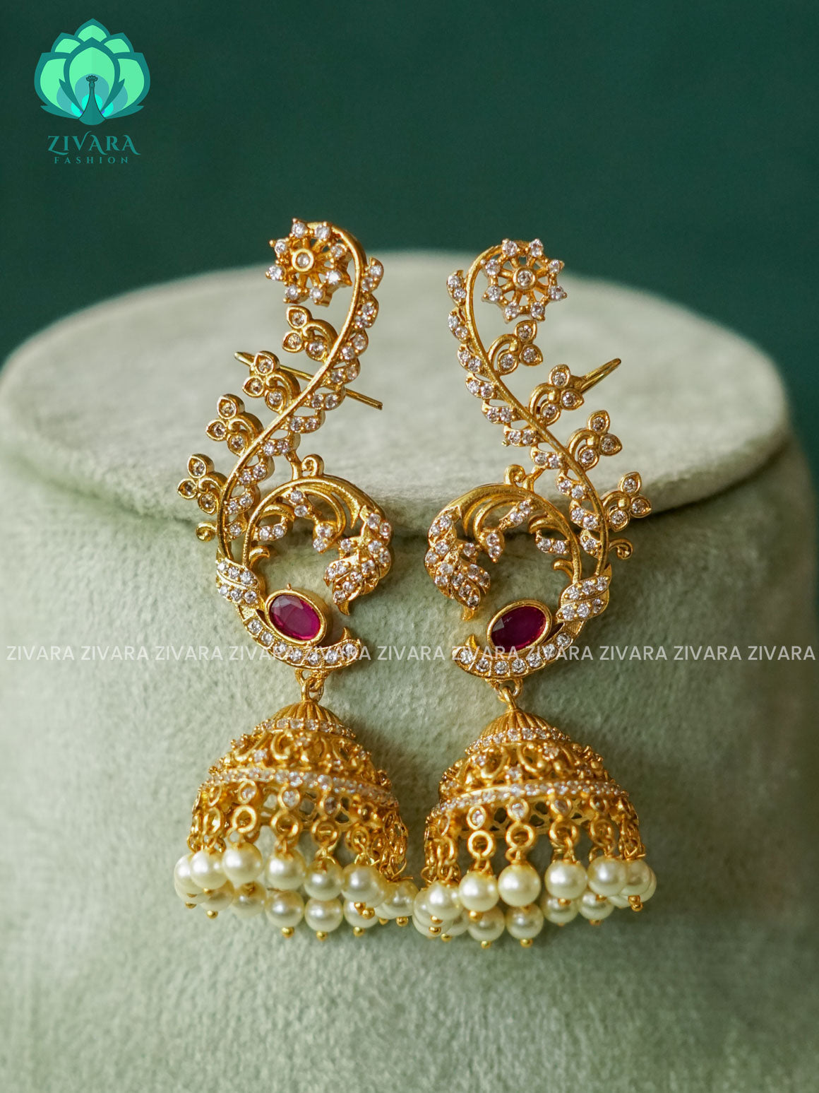 RUBY REAL KEMP STONE SEMI EARCUFF JHUMKA - latest jewellery collection- zivara fashion