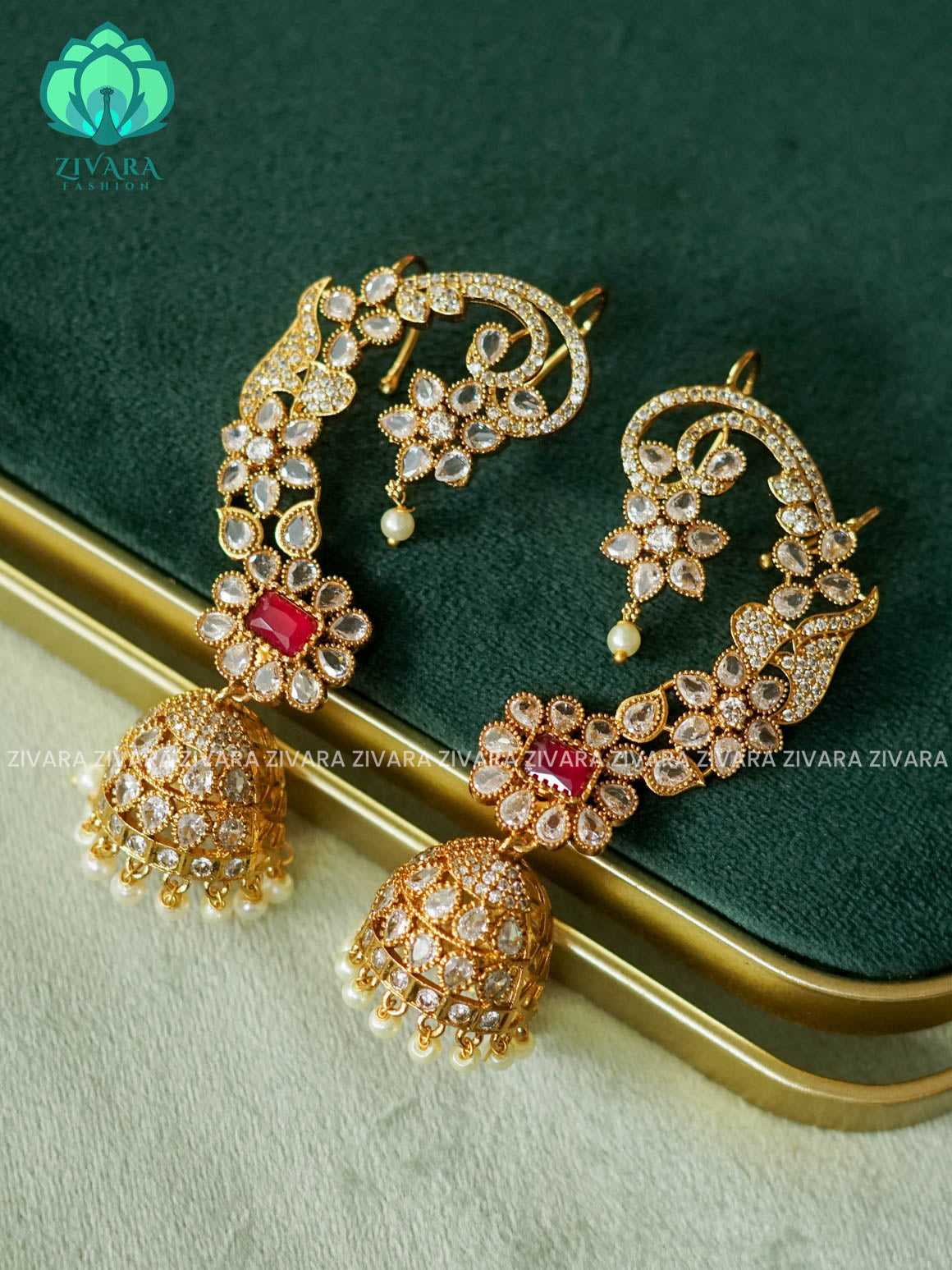 RUBY WHITE STONE MOTIF FREE  EARCUFF JHUMKA - latest jewellery collection- zivara fashion