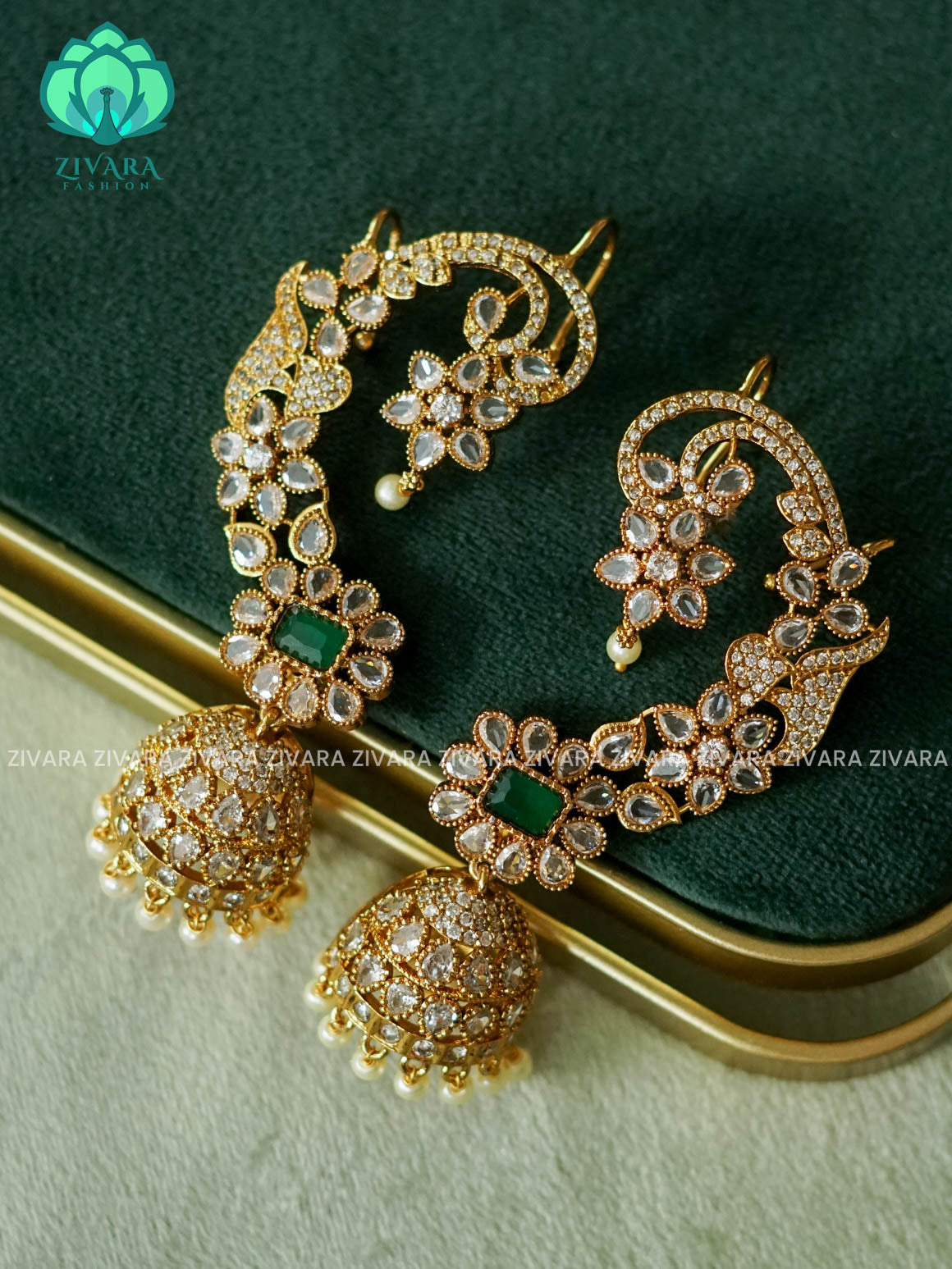 GREEN WHITE STONE MOTIF FREE  EARCUFF JHUMKA - latest jewellery collection- zivara fashion