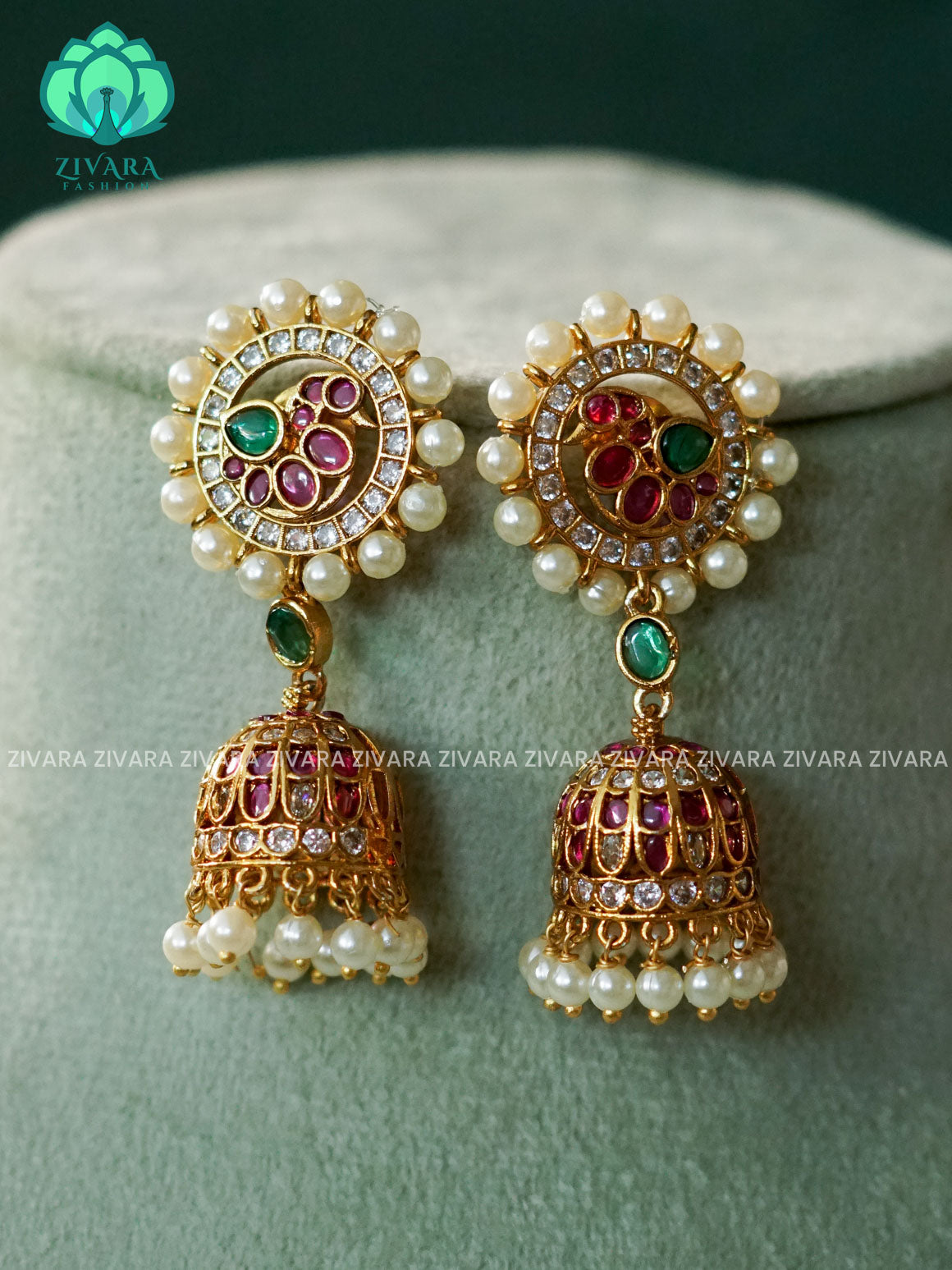 DIYA - REAL KEMP PEACOCK JHUMKA - TRADITIONAL PREMIUM MATTE  polish JHUMKA- latest jewellery collection- zivara fashion