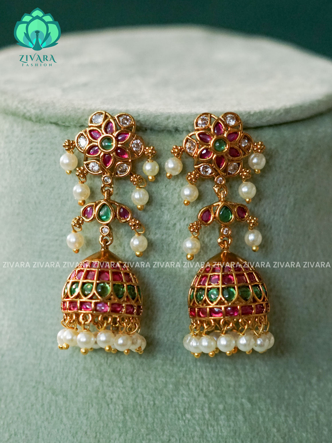 DIYA - REAL KEMP FLOWER JHUMKA - TRADITIONAL PREMIUM MATTE  polish JHUMKA- latest jewellery collection- zivara fashion