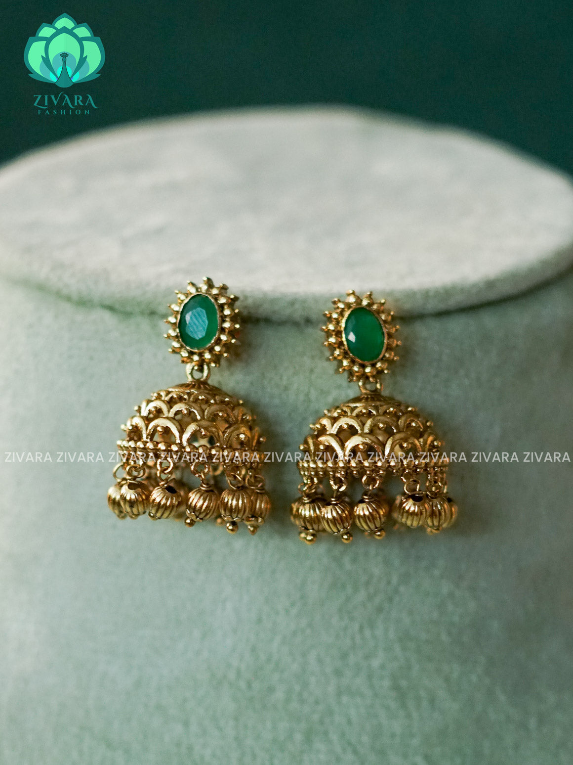 DIYA - GREEN STONE MEDIUM SIZE  JHUMKA - TRADITIONAL PREMIUM MATTE  polish JHUMKA- latest jewellery collection- zivara fashion