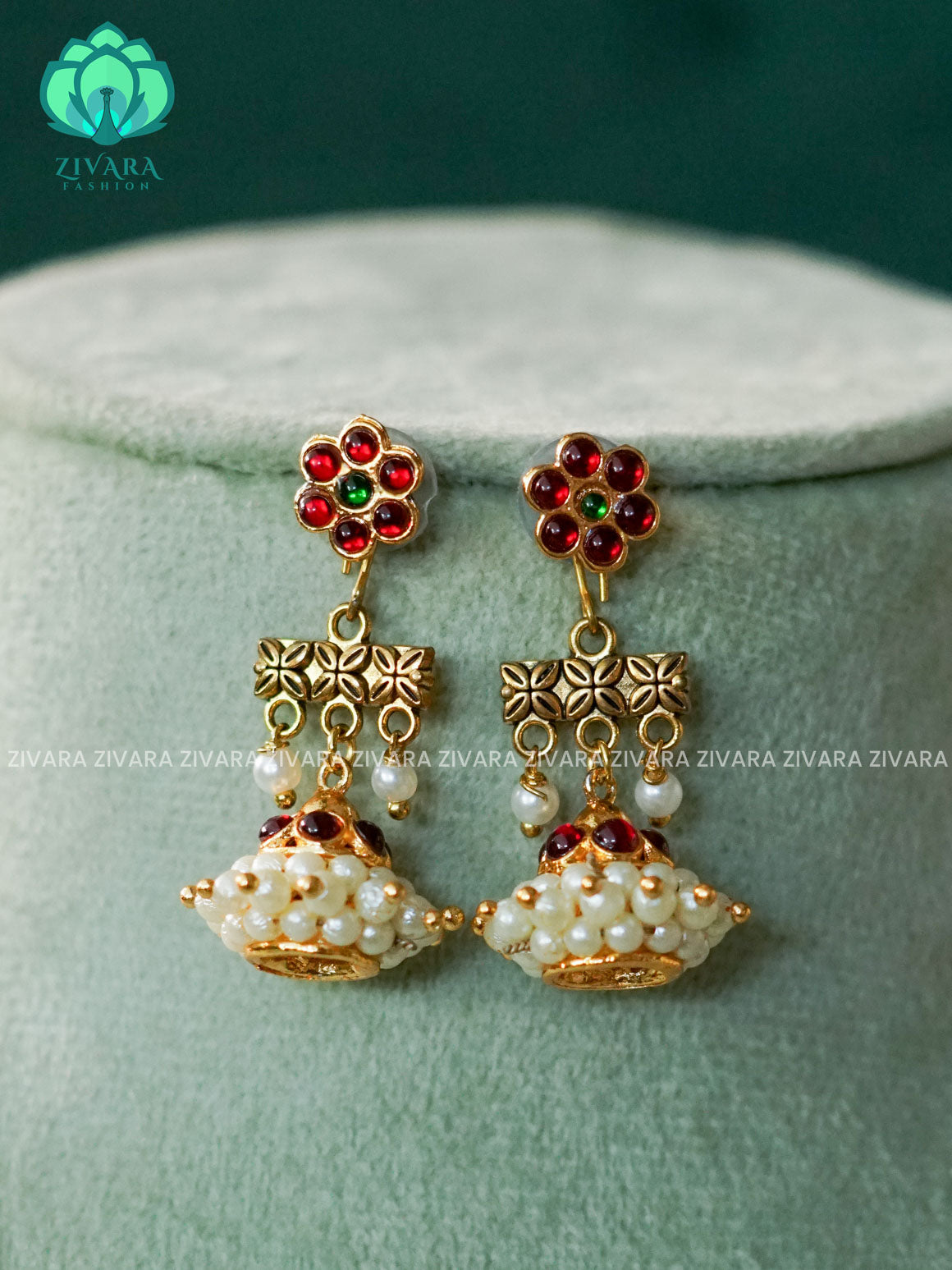 RED AND GREEN  - TRADITIONAL KEMP SMALL SIZE PROMINENT HANDMADE  JHUMKA - latest kemp dance jewellery collection