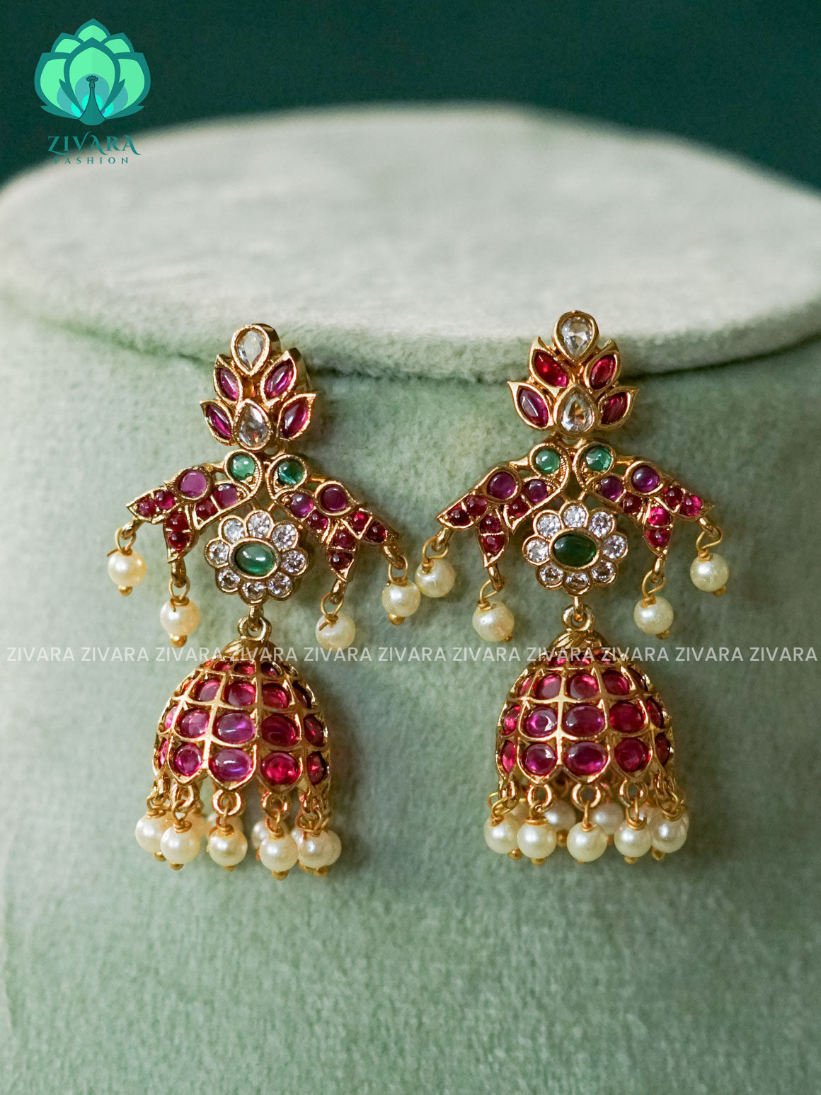 DIYA - REAL KEMP PEACOCK JHUMKA - TRADITIONAL PREMIUM MATTE  polish JHUMKA- latest jewellery collection- zivara fashion