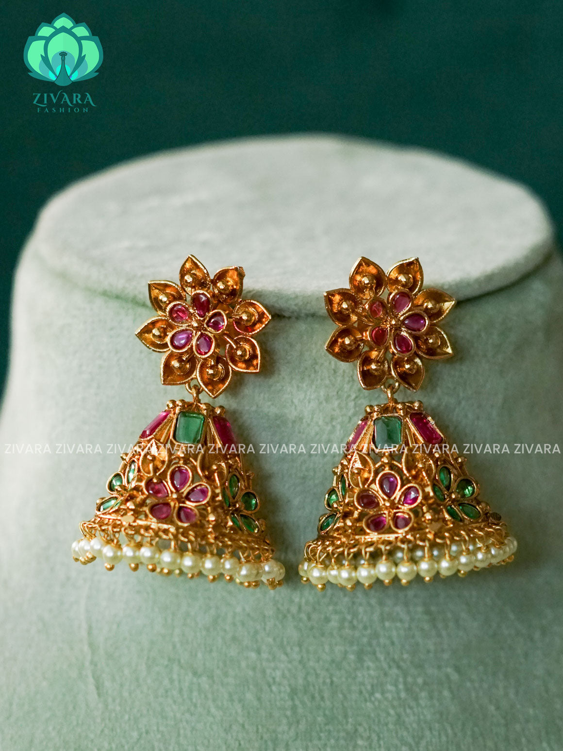 DIYA - REAL KEMP BIG FLOWER JHUMKA - TRADITIONAL PREMIUM MATTE  polish JHUMKA- latest jewellery collection- zivara fashion