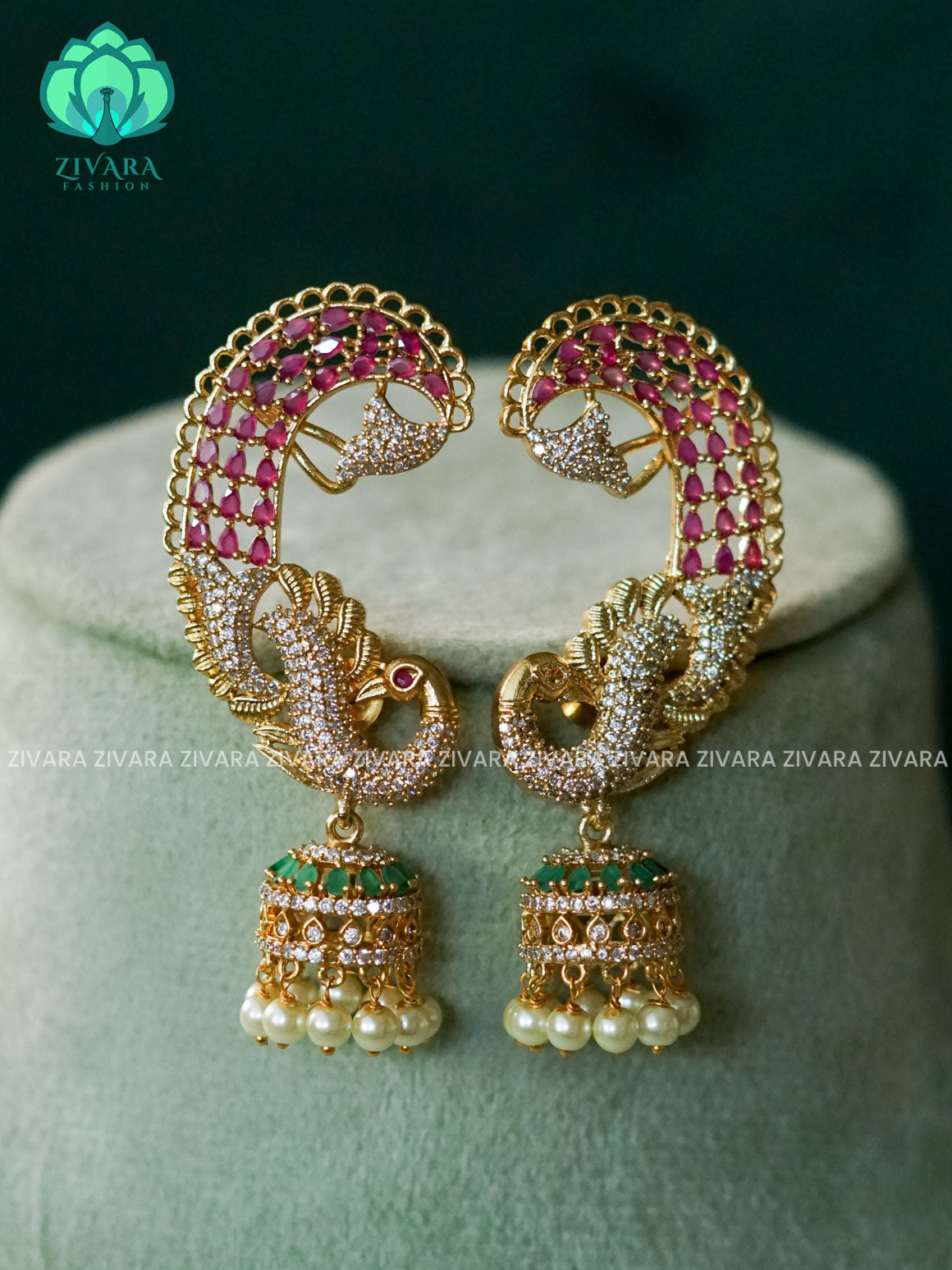 RUBY WHITE  REAL KEMP STONE PEACOCK EARCUFF JHUMKA - latest jewellery collection- zivara fashion