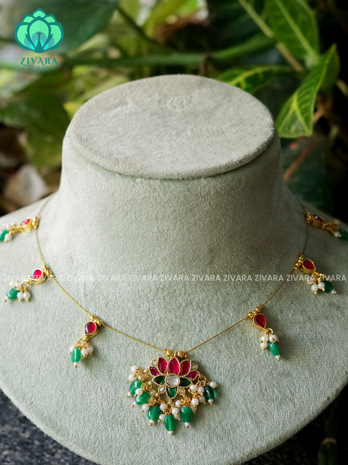 JADAU LOTUS WITH GREEN BEADS HANGINGS TAMARA pendant INVISIBLE MINIMAL ELEGANT HANDMADE NECKLACE WITH BRILLIANT FINISH MOTIFS- ZIVARA FASHION