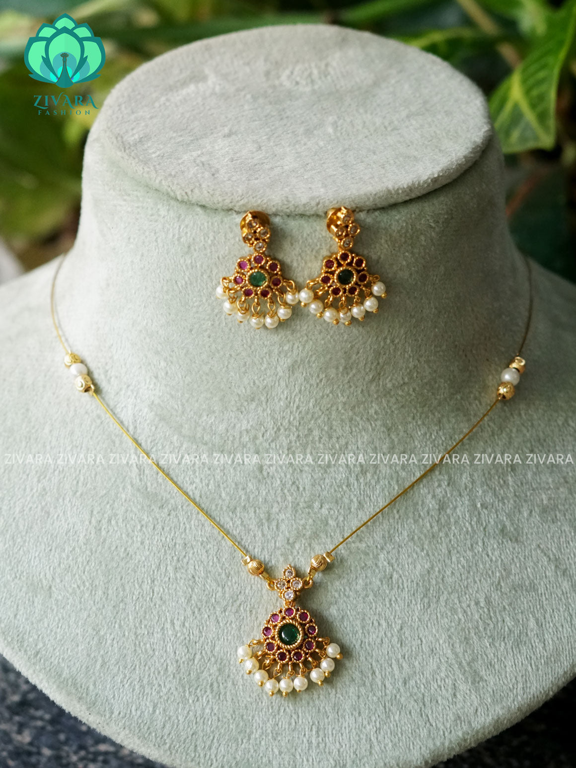 RUBY GREEN ATTIGAI TAMARA pendant INVISIBLE MINIMAL ELEGANT HANDMADE NECKLACE WITH BRILLIANT FINISH MOTIFS- ZIVARA FASHION