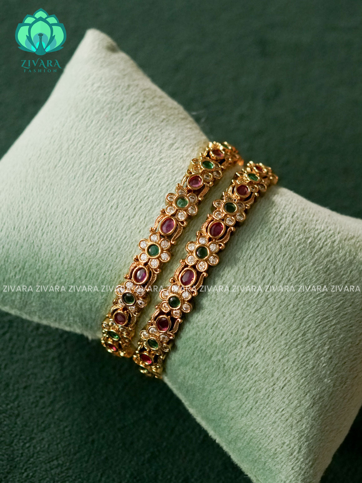2 PIECE REAL KEMP STONE FLORAL BANGLE -  latest bangles design-zivara fashion