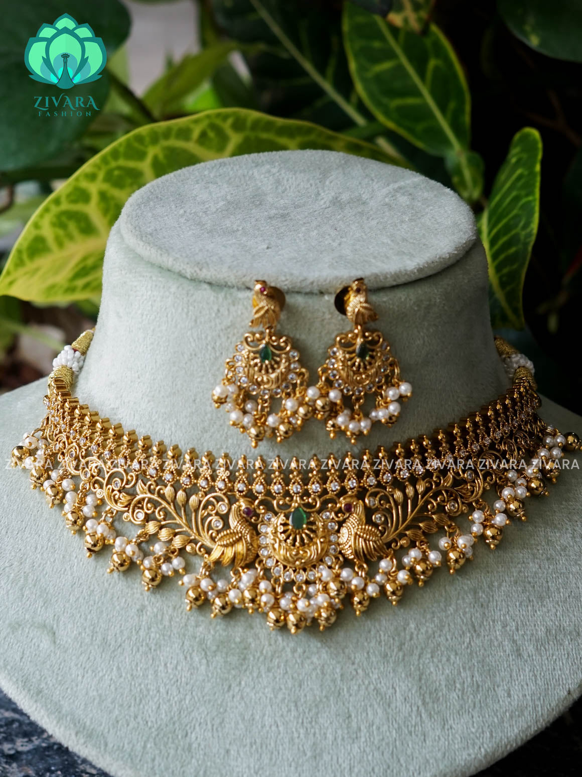 GREEN TEMPLE bridal choker- CZ matte finish- Zivara Fashion