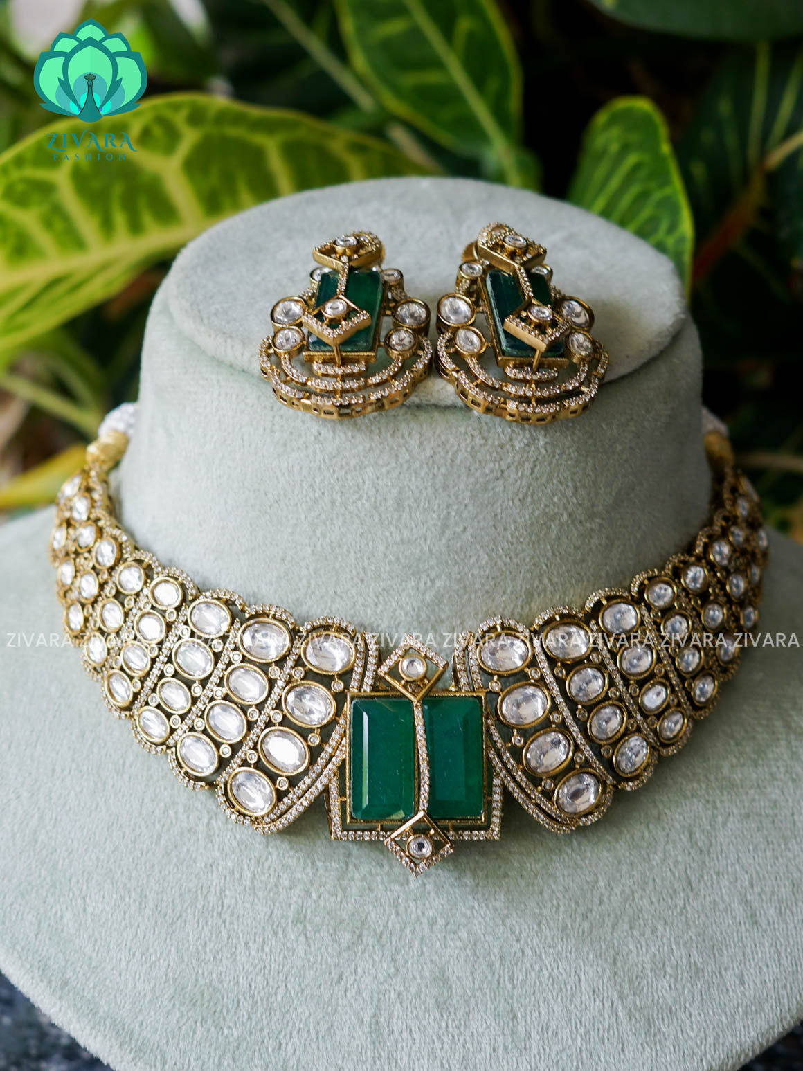 GREEN BRIDAL MOZANITE CHOKER COLLECTION WITH EARRINGS- LATEST JEWELLERY COLLECTION