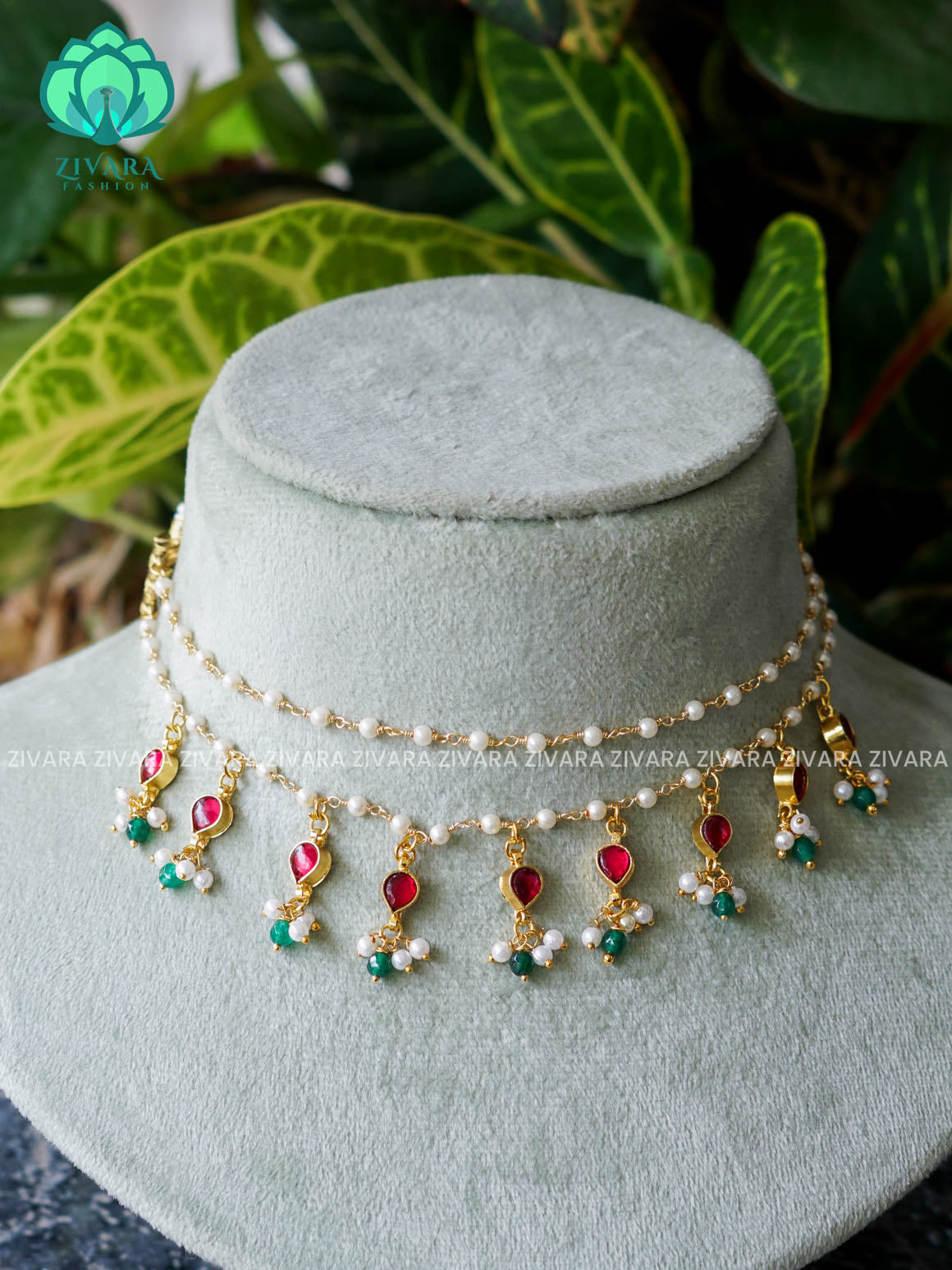 JADAU TEAR WITH GREEN BEADS HANGINGS TAMARA INVISIBLE MINIMAL ELEGANT HANDMADE NECKLACE WITH BRILLIANT FINISH MOTIFS- ZIVARA FASHION